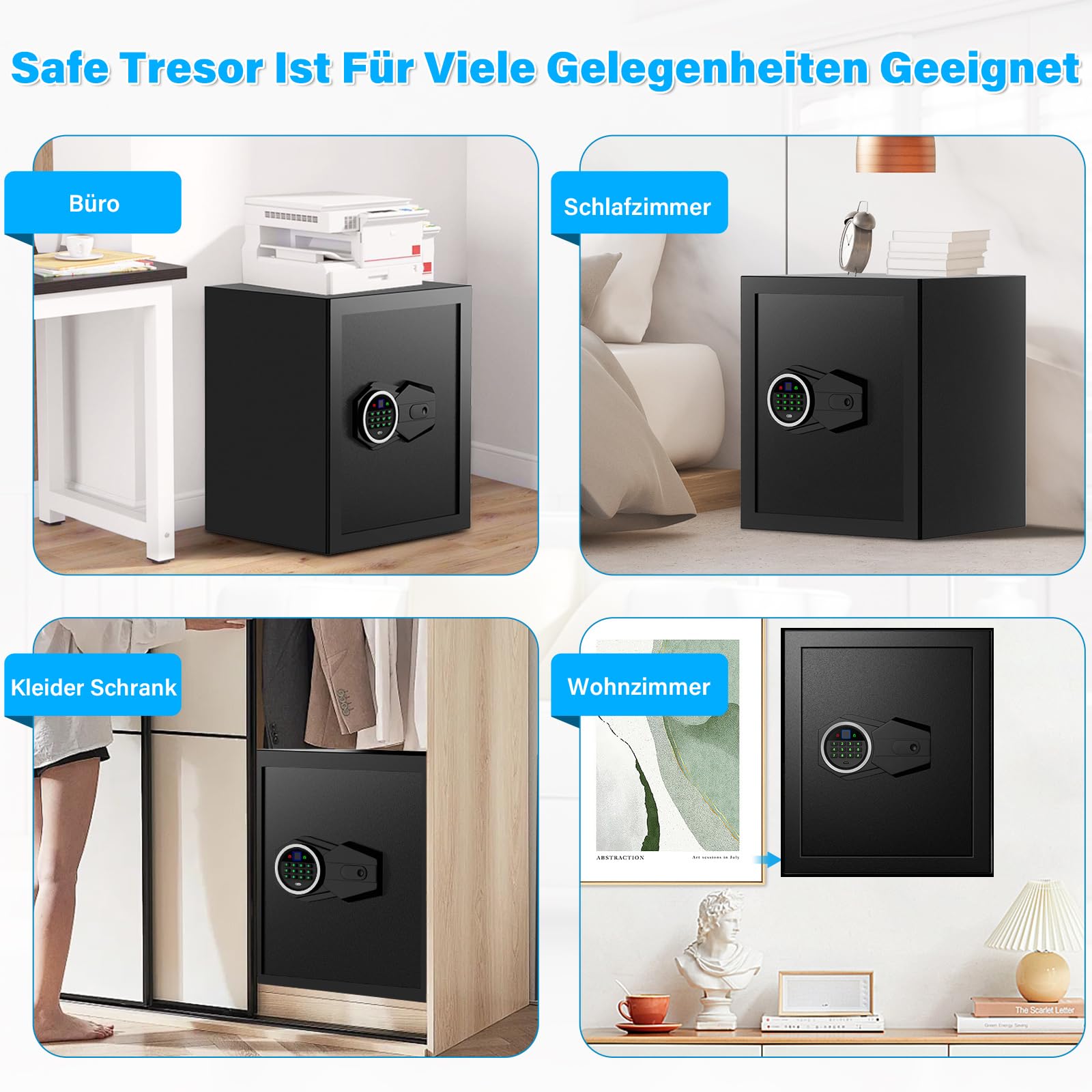 Mejasg 45L Cassaforte con impronta digitale con borsa ignifuga A4, cassaforte con impronta digitale per la casa con scaffale estraibile e sistema di allarme duale, cassaforte digitale per contanti