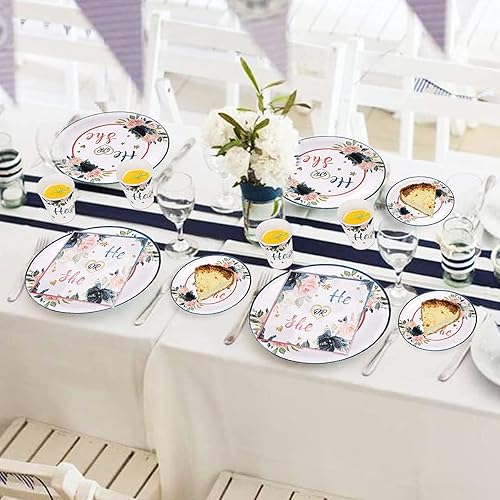 Miniatura 5 de Juego de vajilla para fiesta de revelación de género, 120 platos y servilletas azul marino y rubor, sirve para 30 invitados para niños o niñas,