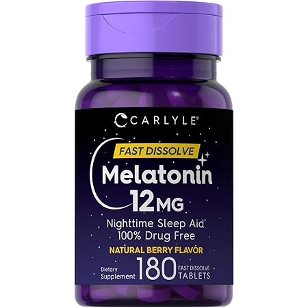 Carlyle Melatonin 12 mg Fast Dissolve 180 Tablets | Nighttime Sleep Aid | Natural Berry Flavor | Vegetarian, Non-GMO, Gluten Free