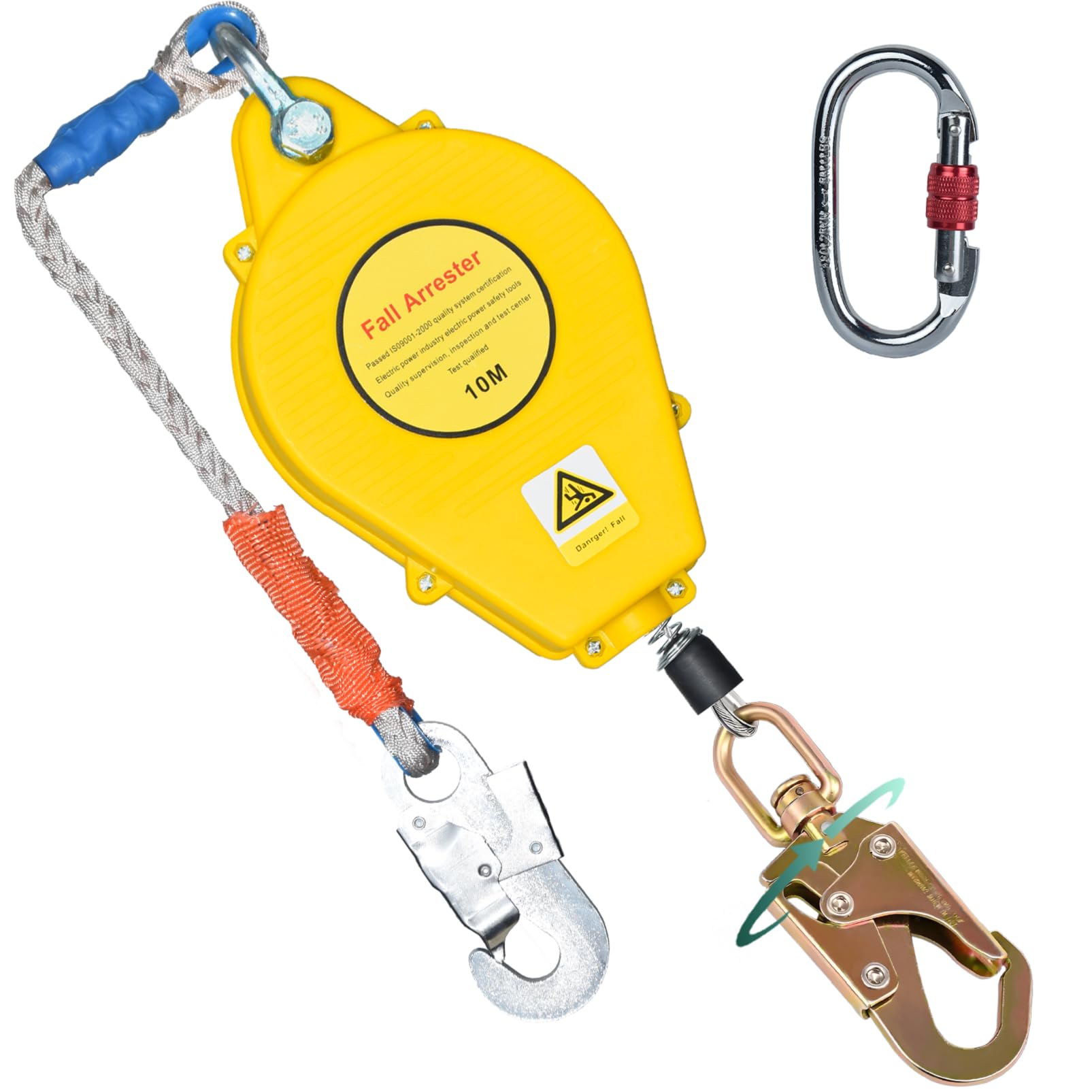 Imbracatura di Sicurezza Anticaduta Tetto, Dispositivo Anticaduta Retrattile Certificato 10 mt, 150kg Dispositivo Retrattile di Sicurezza Anticaduta Tetto/Lavoro Aereo (Giallo)