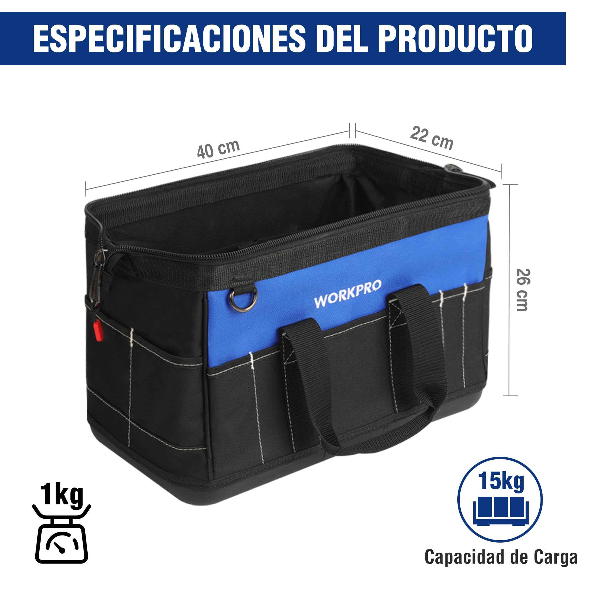 WORKPRO Bolsa de Herramientas 40 * 22 * 26cm, con Boca Ancha, Bolsa Portaherramientas, con Base de Plástico Rígida, Carga Máxima 15kg