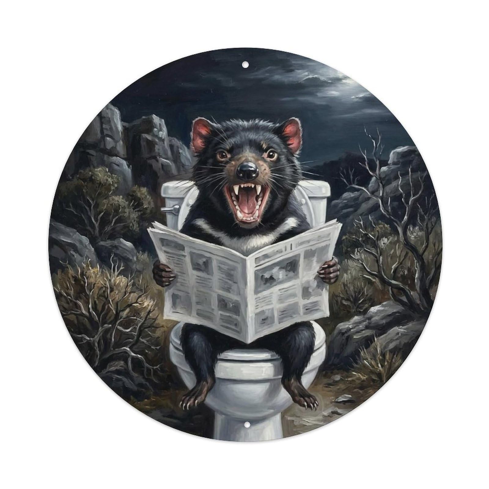 Tasmanian Devil On Toilet Humorous Bathroom Rocky Scrub Metal Tin Sign