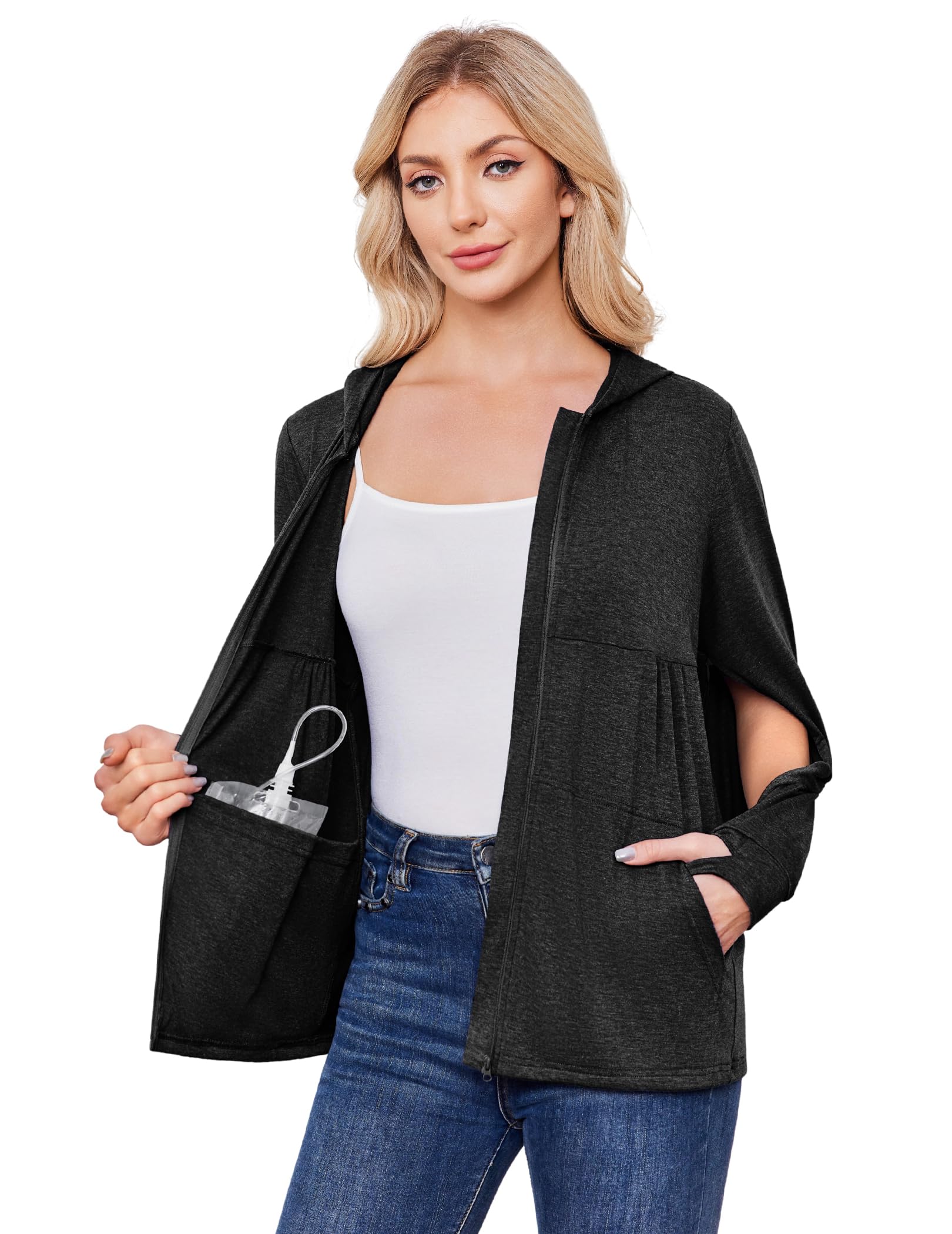 Deyeek Women's Mastectomy Dialysis Shirts with Drain Pockets &amp; Arm Zipper