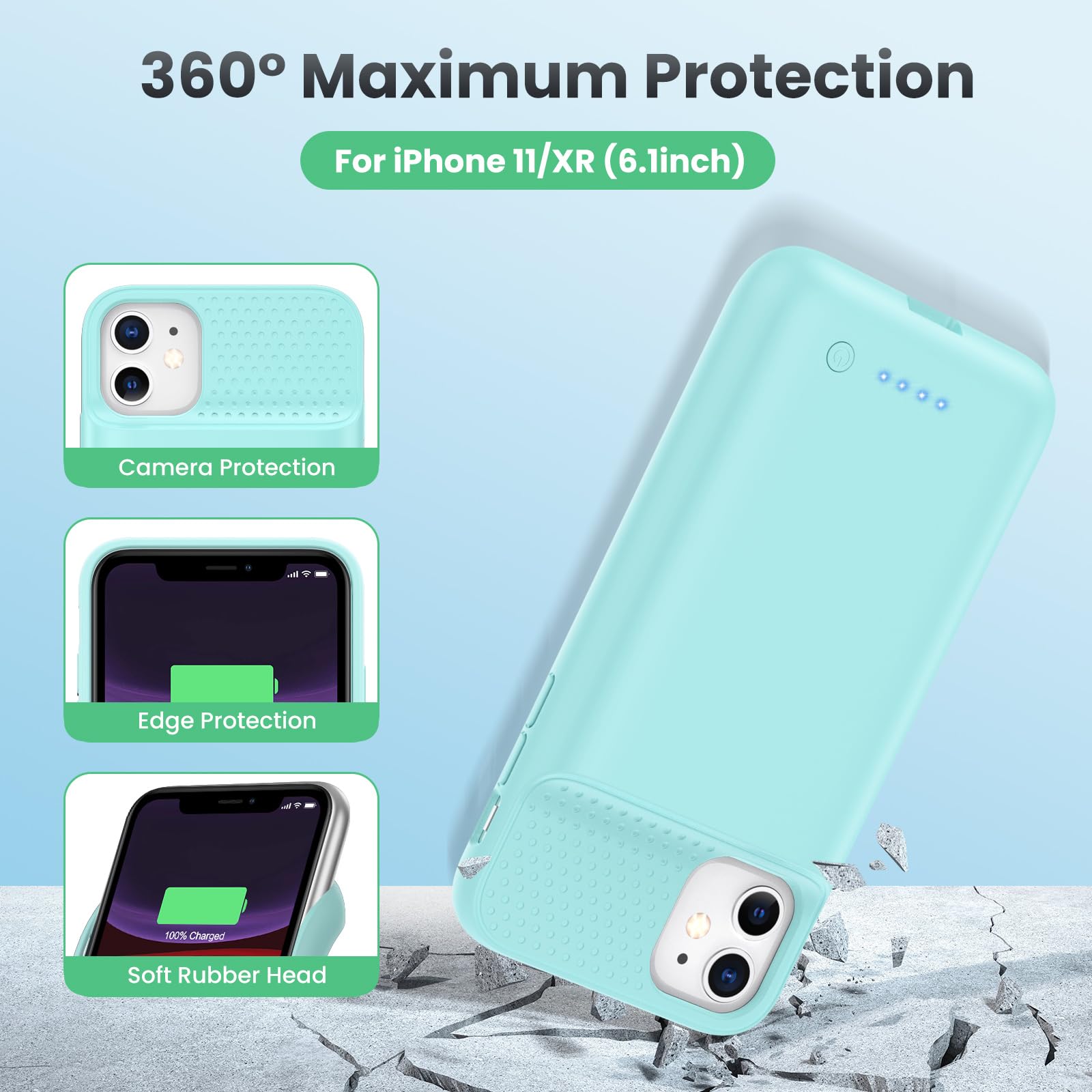 Feob Akkuhülle für iPhone 11/ XR (6,1"), 7500mAh 15W Powerbank Hülle Zusatzakku Akku Case Akku Ladehülle Handyhülle Akku Battery Case Akku Hülle für iPhone 11/ XR (6,1") Charger Case-Grün
