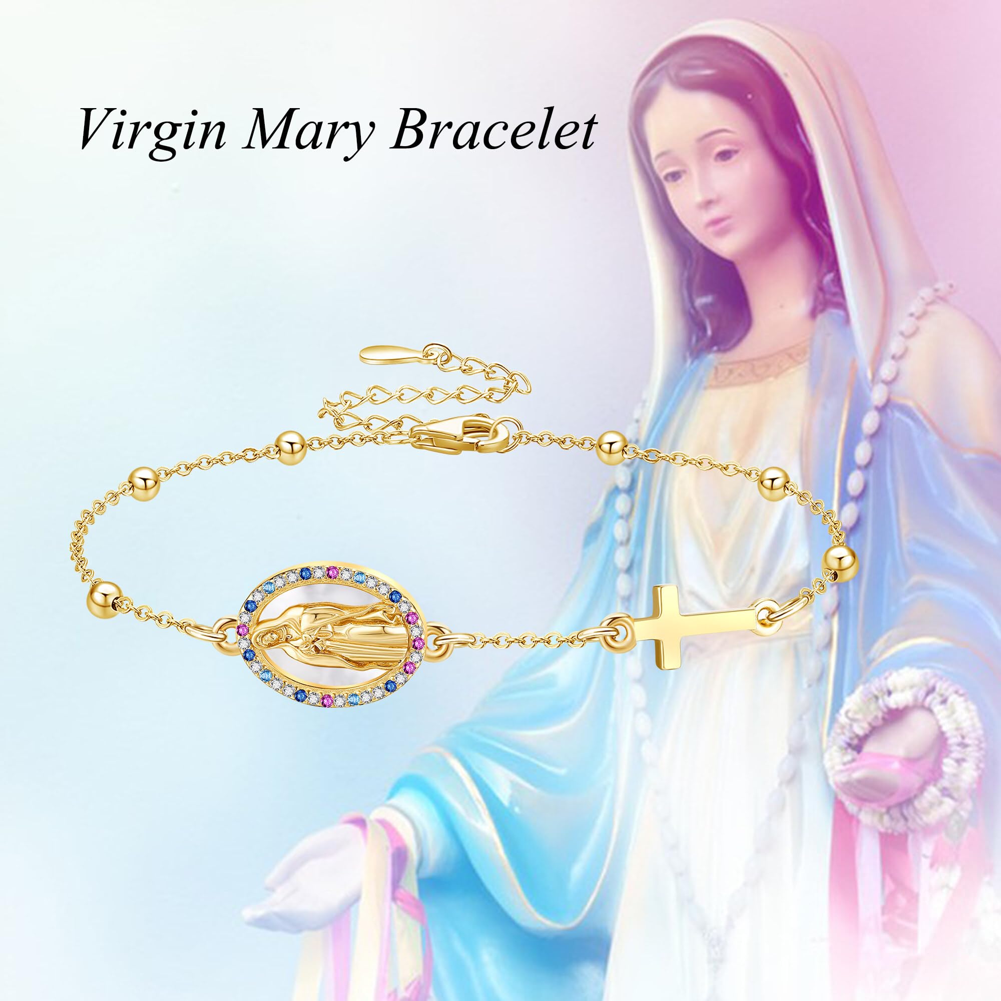 URONE Armband mit der Jungfrau Maria aus Sterlingsilber Rosenkranzperlen Kreuzanhänger Armband „Virgen de Guadalupe“ Christlicher Schmuck Geschenke für Damen
