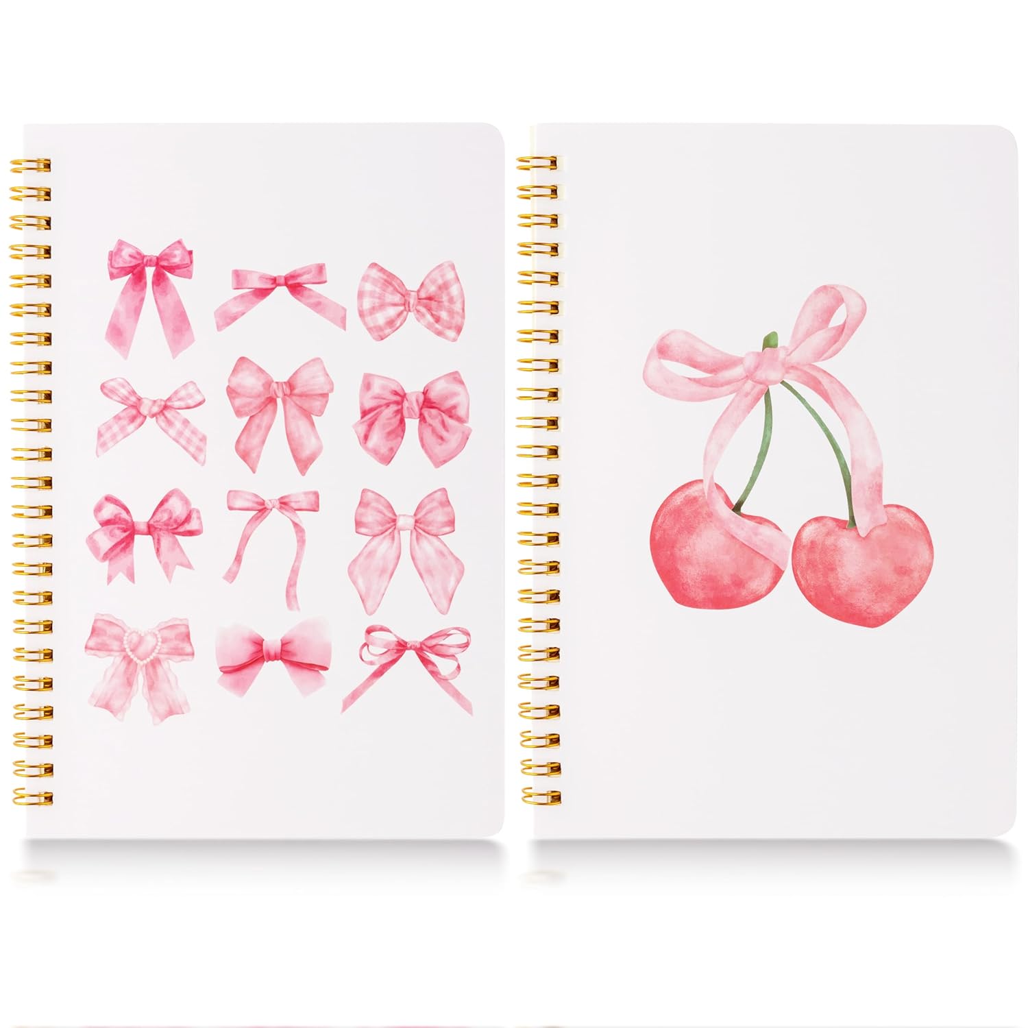 CNhoqc Pink Spiral Journal Notebook - 2pcs Pink Bow Cherry Watercolor Aesthetic College Ruled Lined Pages Hardcover Spiral Bound Journal Subject Notebook Work School Note Taking Removable Dividers