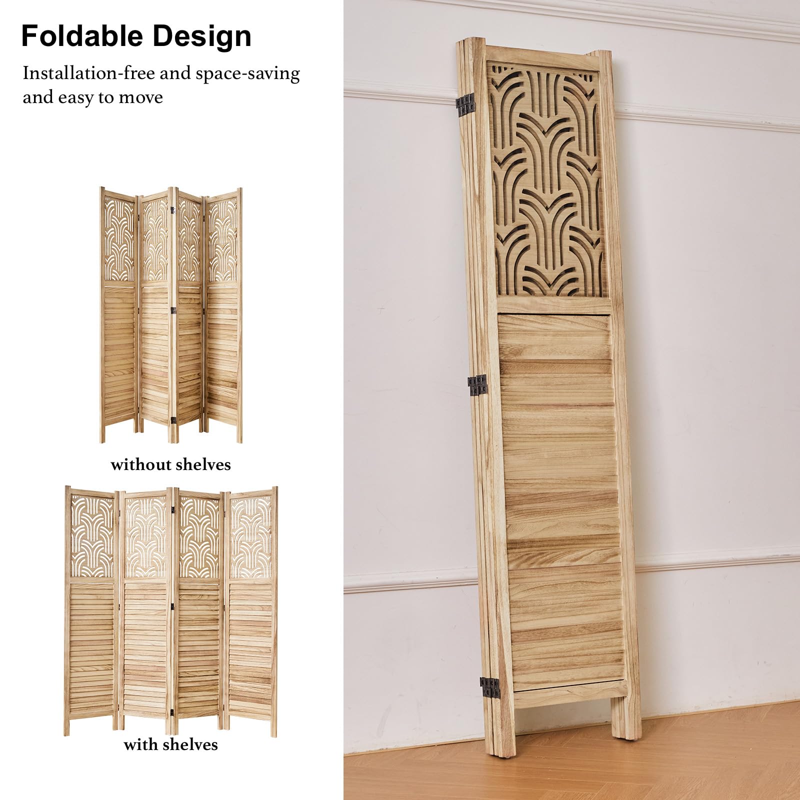 Folding Room Divider, 66.9 Inch 4 Panels Wood Carved Privacy Screens, Free Assembled Freestanding Portable Separation Wall for Home Office Bedroom (Natural)