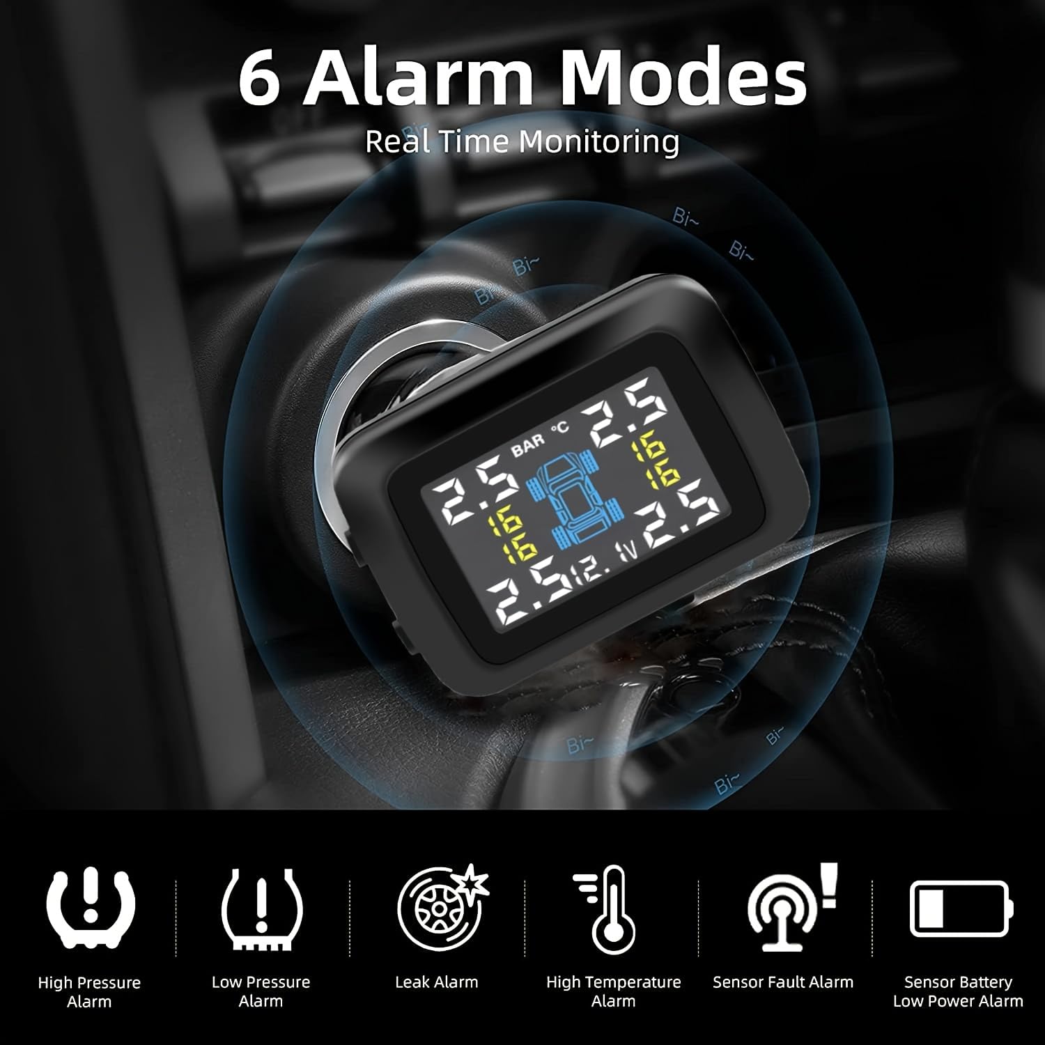 Tire Pressure Monitoring System, Wireless TPMS Car Charger Powered Adjustable Display Angle Car Voltage Monitoring Real-Time Display for Car RV SUV(0-98PSI)
