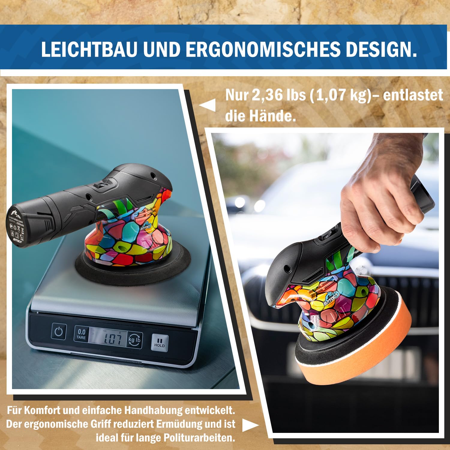 BATOCA Upgrade S3 Akku Poliermaschine für Auto,Klein Exzenter Polierer 5mm Orbital mit 2 Akkus,2500-5000RPM,Mobile Politur Set,Mehrzweckschleifer,12V Batterien Puffer Polieren,Wachsen,Schleifer