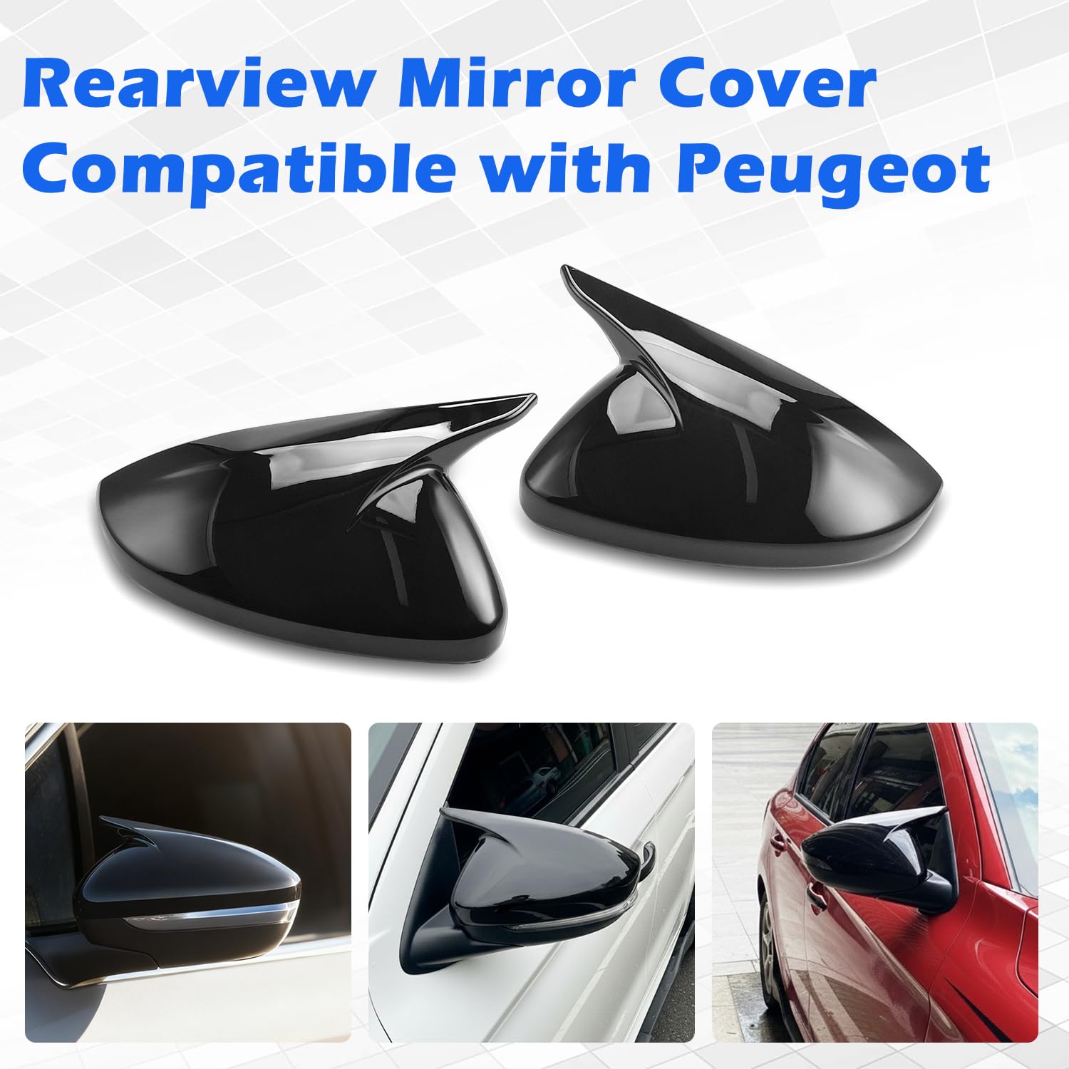 TECTICO Copri Specchietti Retrovisori - Calotte Specchietti Esterni Compatibile con Peugeot 208, 308, 408, 508, 307, 2008, 4008, 5008 (2013–2023), Nero Lucido, 1 paio