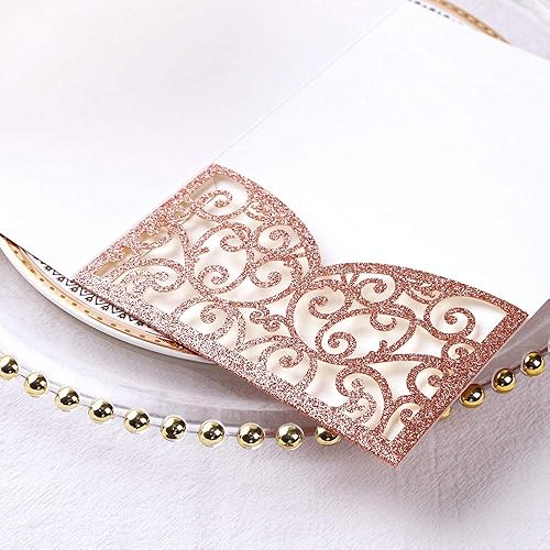 Vista 107 de ponatia 5.12 x 7.2 Invitaciones de boda de corte láser con purpurina negra, bolsillos de invitación triples cortados con láser con sobres