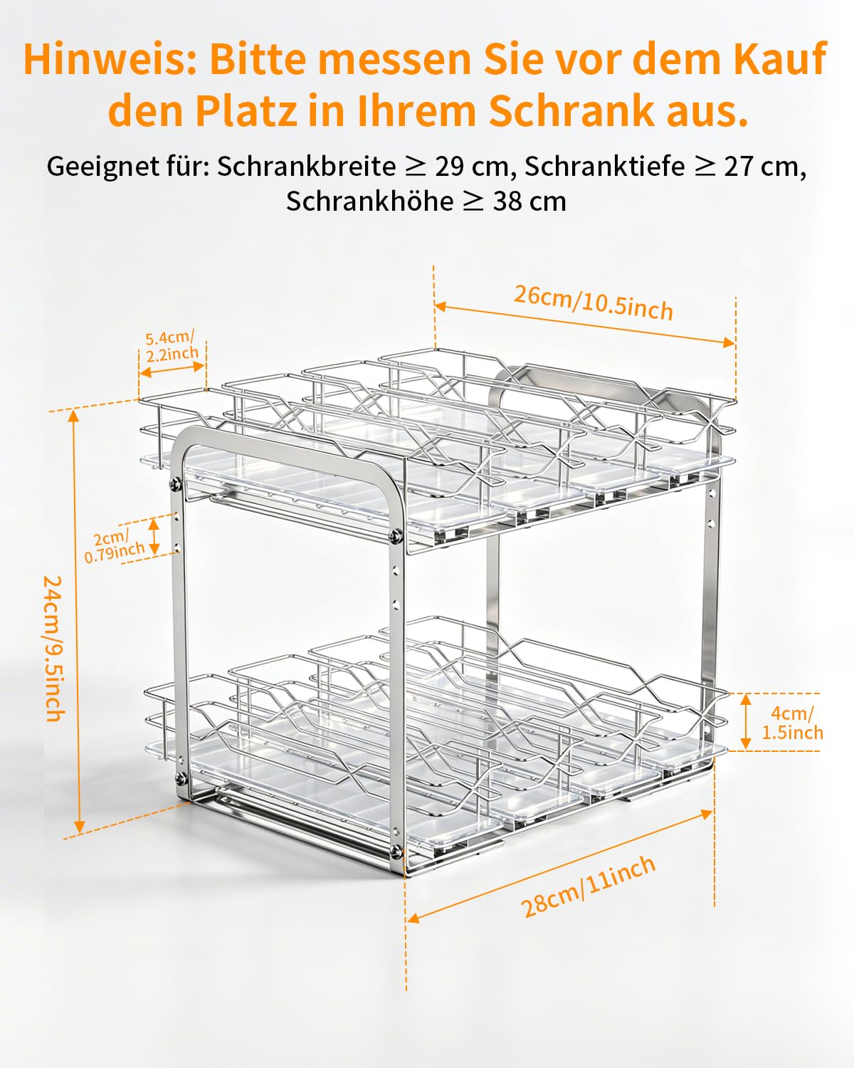 YSD Gewürzregal Ausziehbar für Oberschrank Küche – 2 Ebenen, Edelstahl | 4 Körbe pro Ebene einzeln ausziehbar. Höhenverstellbar.platzsparend. Kleben/Schrauben. Leise Schienen. Küche/Bad. Ohne Gläser