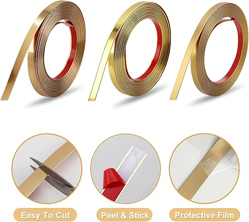 Miniatura 3 de Soengsau Moldura con acabado dorado mate, 196.8"L x 0.4"A, tira de decoración despegar y pegar para techo, pared, borde de azulejos, gabinetes de