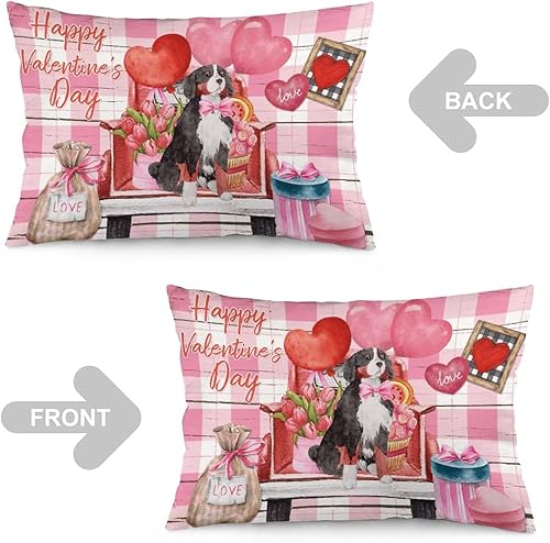 Miniatura 4 de Funda de almohada para el día de San Valentín, rosa y margarita roja, para perros, diseño de búfalo rosa, a cuadros y corazones rojos, fundas de
