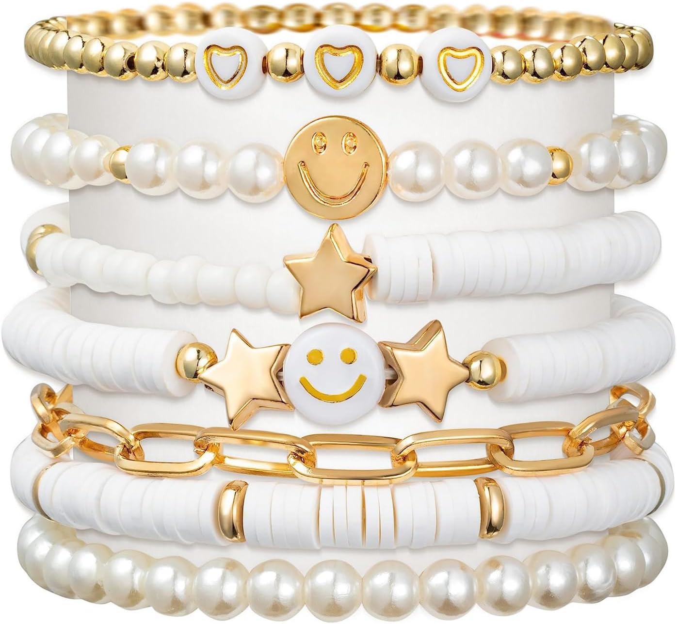 7Pcs Combo Latest Stylish Beach Surfer Bracelets Set | Colorful Preppy Heishi Bracelet | Multilayer Boho Happy Smile Heart Star Stretch Beaded Bracelets | Evil Eye Stackable Beaded Bracelets | Y2K Pearl Bracelets Set for Women Girls Teens