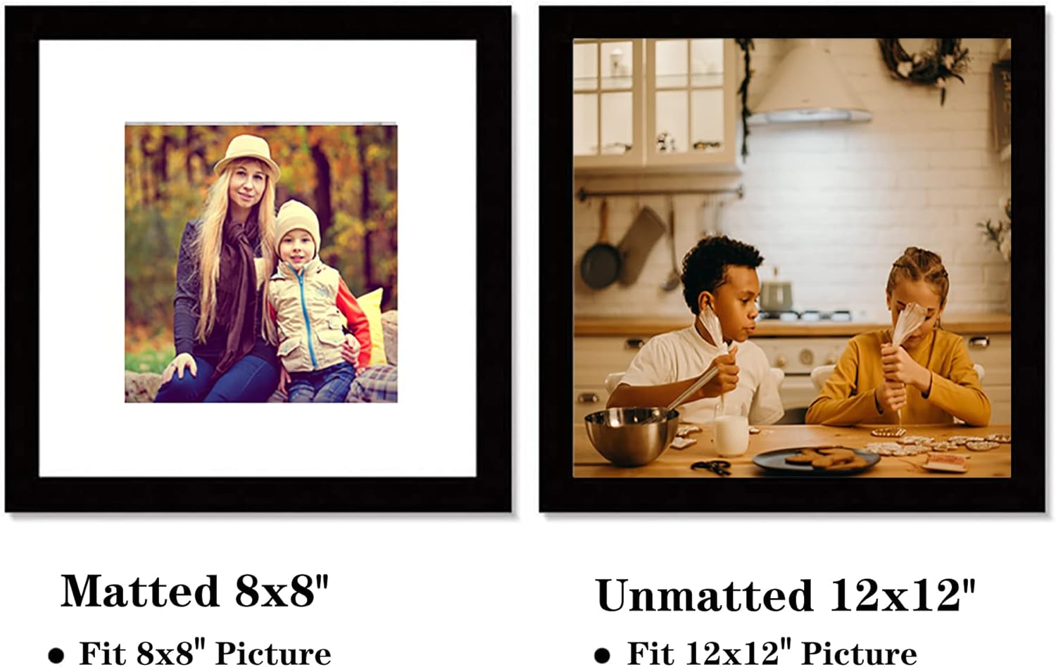 pojah Black 12x12 Picture Frame Set,Square Photo Frame with Mat Display Pictures 8x8 or 12 x 12 Without Mat,PVC Glass,for Wall Home Office Décor（12x12,Black）