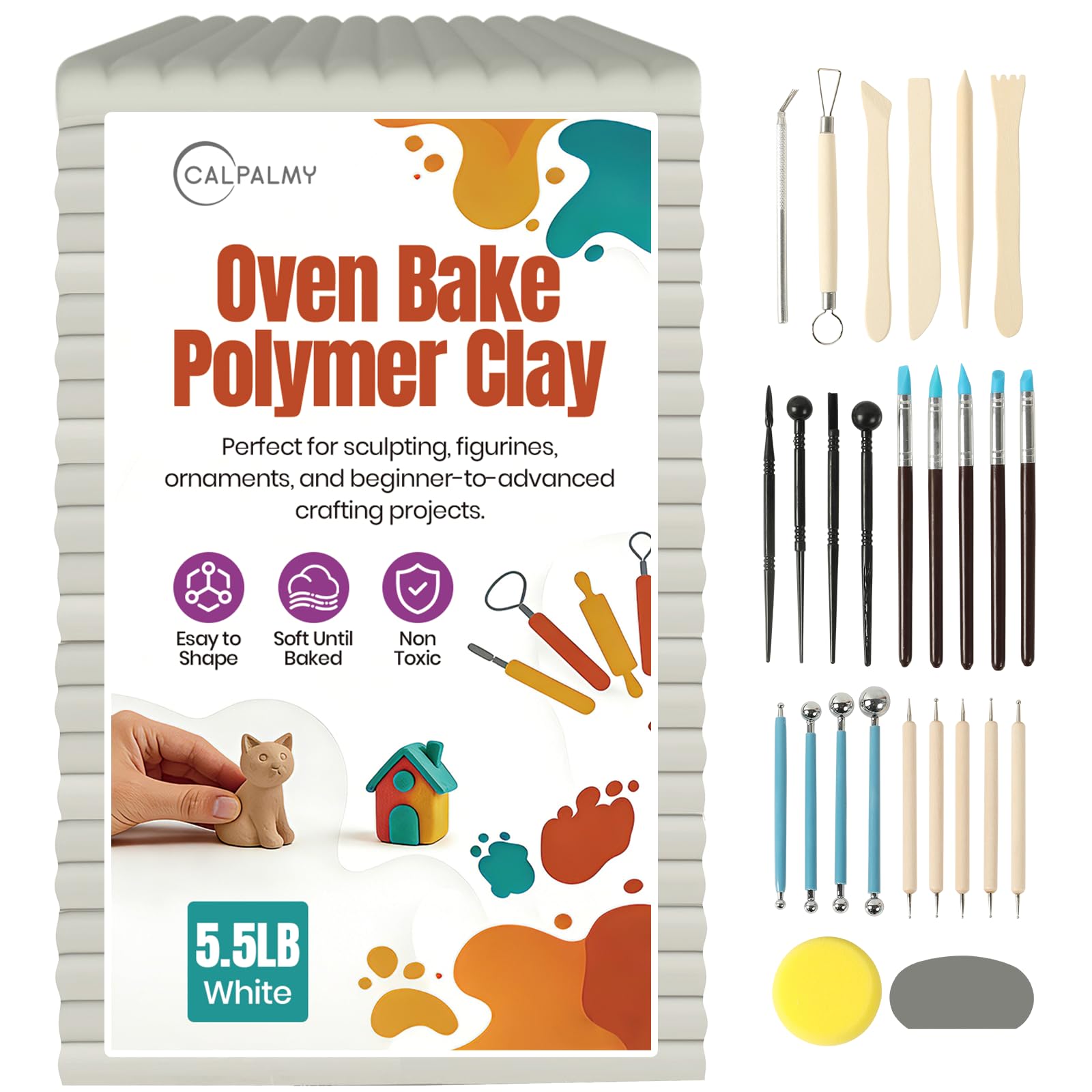 Oven Bake Polymer Clay 5.5lb with Tools Kit, White Sculpting Material for Modeling & Crafts, Soft Until Baked, Non-Toxic DIY Clay for Figurines, Miniatures, Jewelry & Pottery Projects