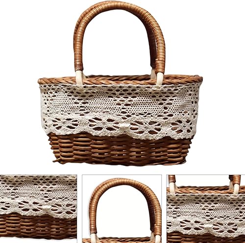 Miniatura 5 de KESYOO Cesta de flores para boda, tejido natural, con cesta de encaje, portátil, decoración de flores para boda (café)