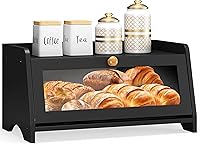 JANSNIMEN Large Bamboo Bread Box for Kitchen Countertop - Farmhouse Wooden Storage with Window, Black (Keeps Bread Fresh Longer)