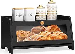 JANSNIMEN Large Bamboo Bread Box for Kitchen Countertop - Farmhouse Wooden Storage with Window, Black (Keeps Bread Fresh Longer)