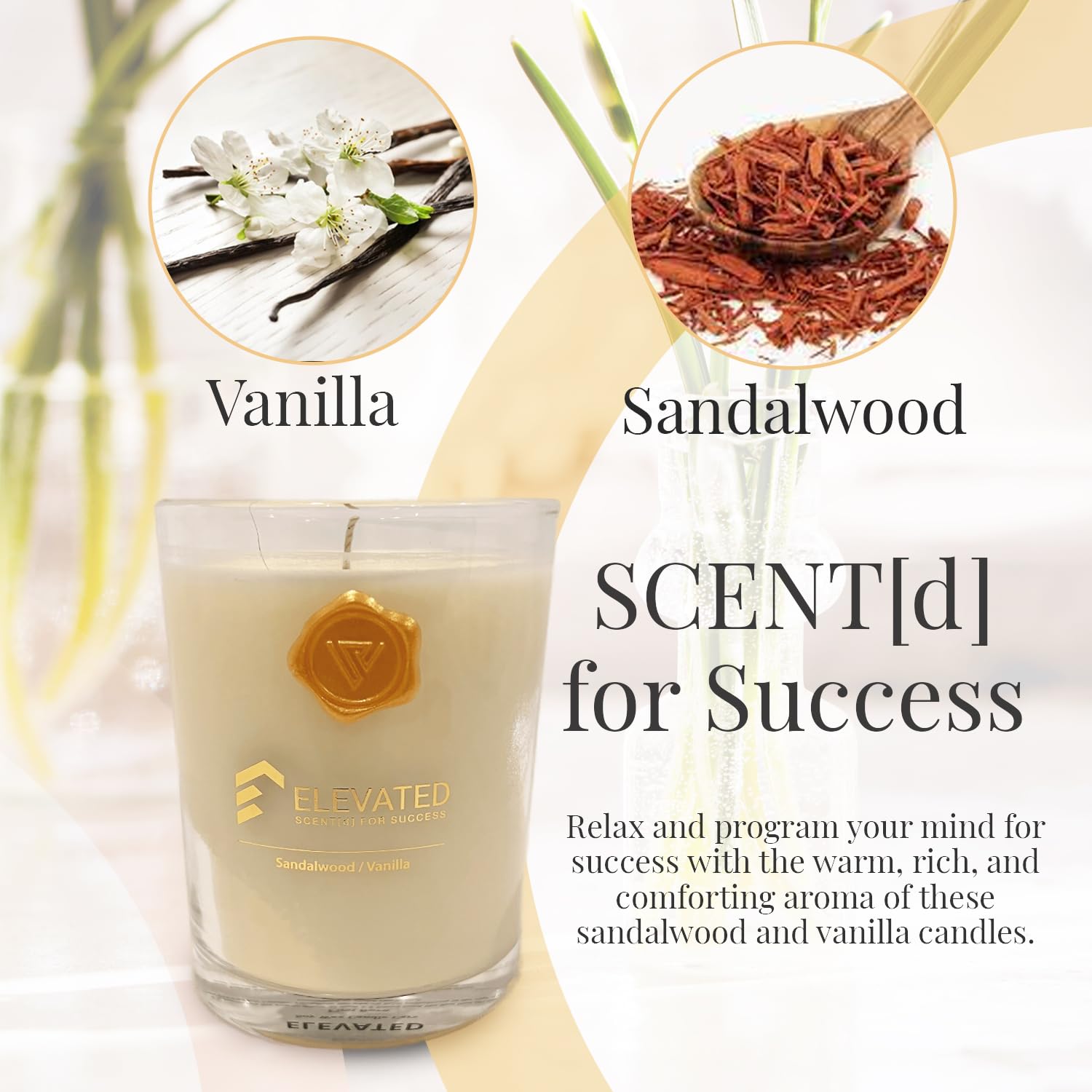 ELEVATED Scent[d] for Success Vanilla Sandalwood Candle | Soy Wax Sandalwood Vanilla Candle | Long Lasting Candles for Aromatherapy | 9.1oz Large Candle Jar with Up to 70 Hours Burn Time