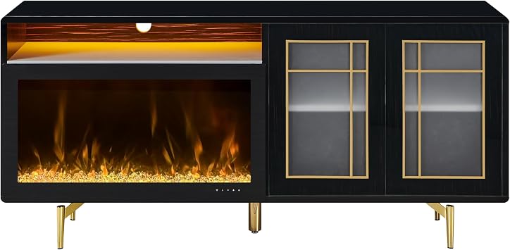 Contemporary 73" Electric Fireplace TV Stand, RGB LED Light, Velvet Lined Open shelve, 2 Push Open Door Storage, Golden Steel Acrylic Doors, Entertainment Center in Environmental Ebony Finish
