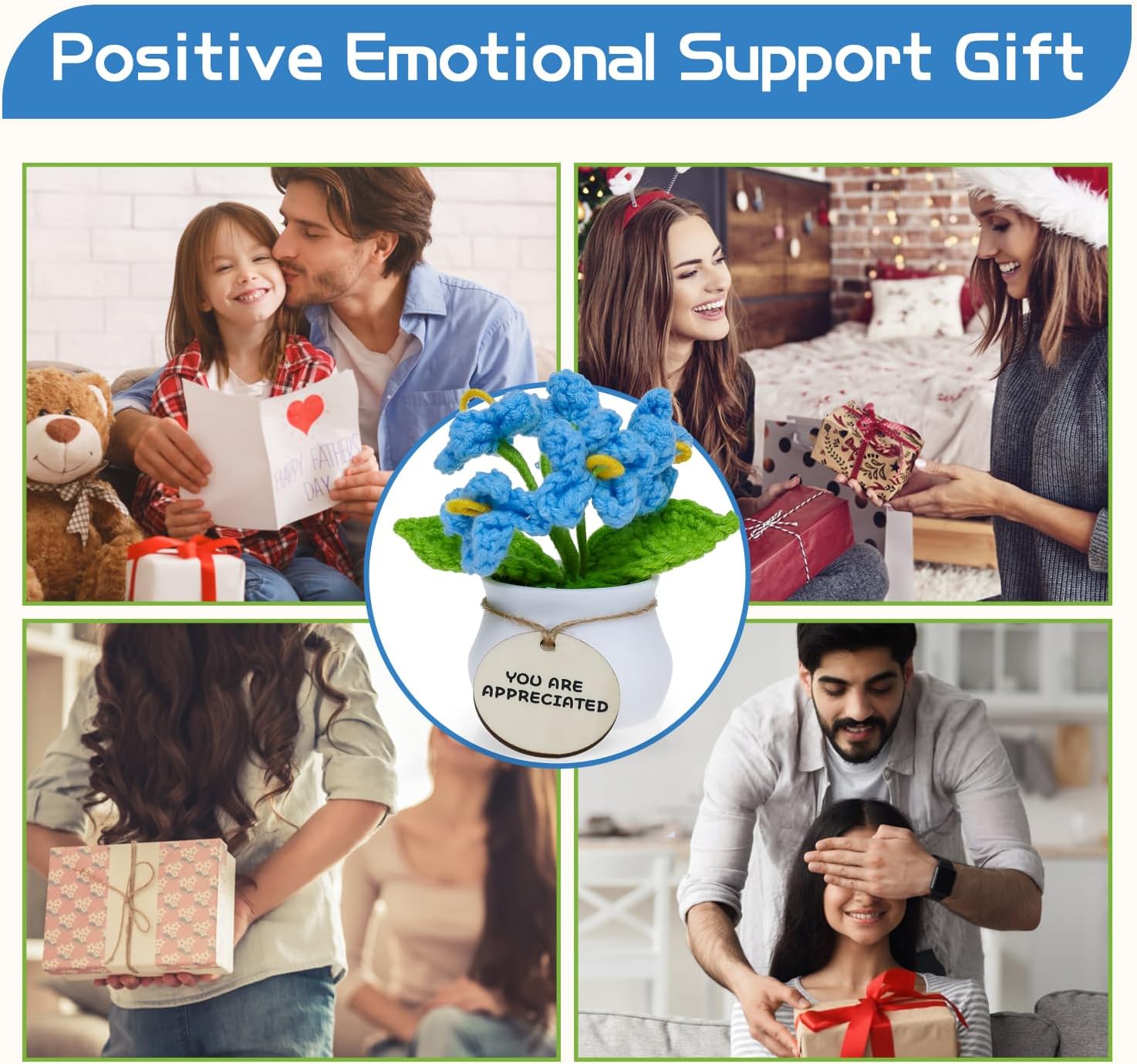 Encouragement Crochet Flowers with Positive Wooden Affirmations Handmade Artifical Flower Decor Ideal for Birthday/Christmas/Thank You Present (Blue Forget Me Not, You are Appreciated) - Image 6