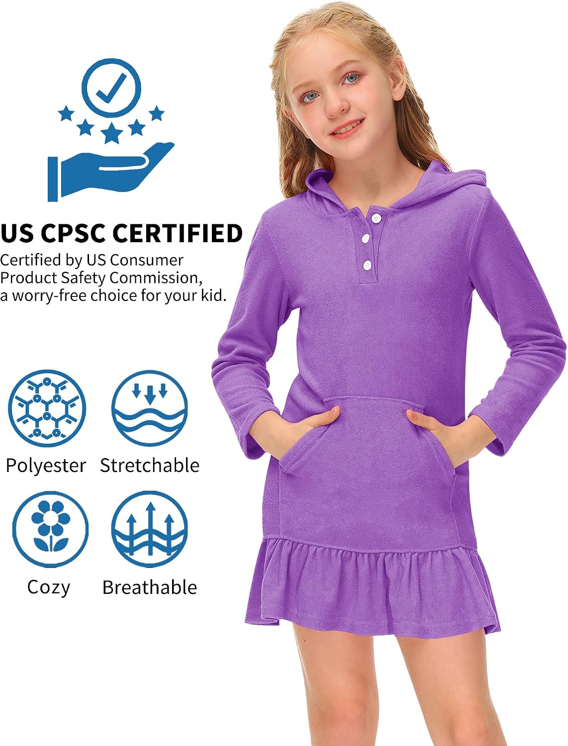 BesserBay Girls Summer Long Sleeve Coverups Button Down Terry Quickly Dry Ruffle Hem with Hood Cover Up 4-14 Years