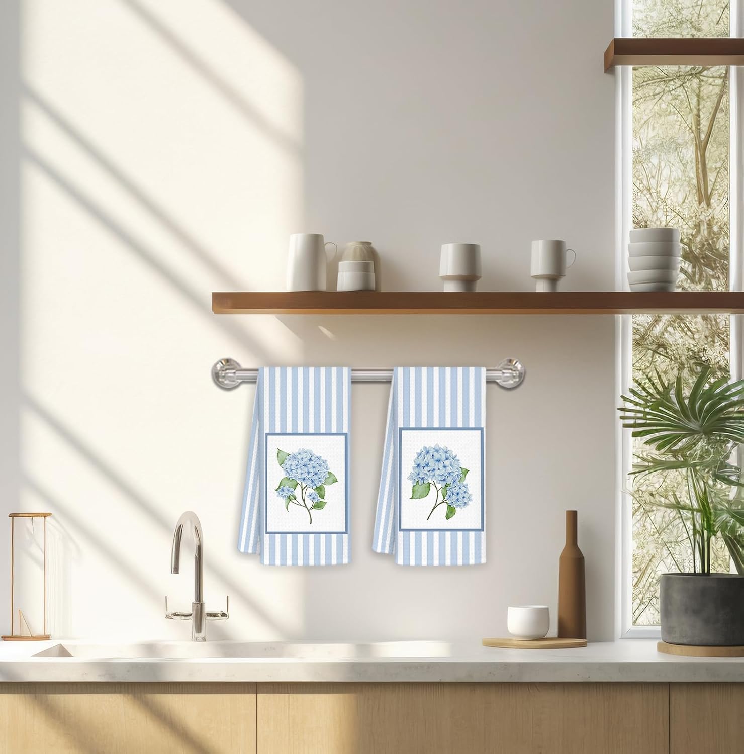 Blue Hydrangea Floral Bathroom Hand Towels Set of 2, Cottagecore Grandmillennial Hand Towels for Bath Room Washroom, Striped Hydrangea Flower Botanical Kitchen Dish Towel, 16x24 Inch - Image 4