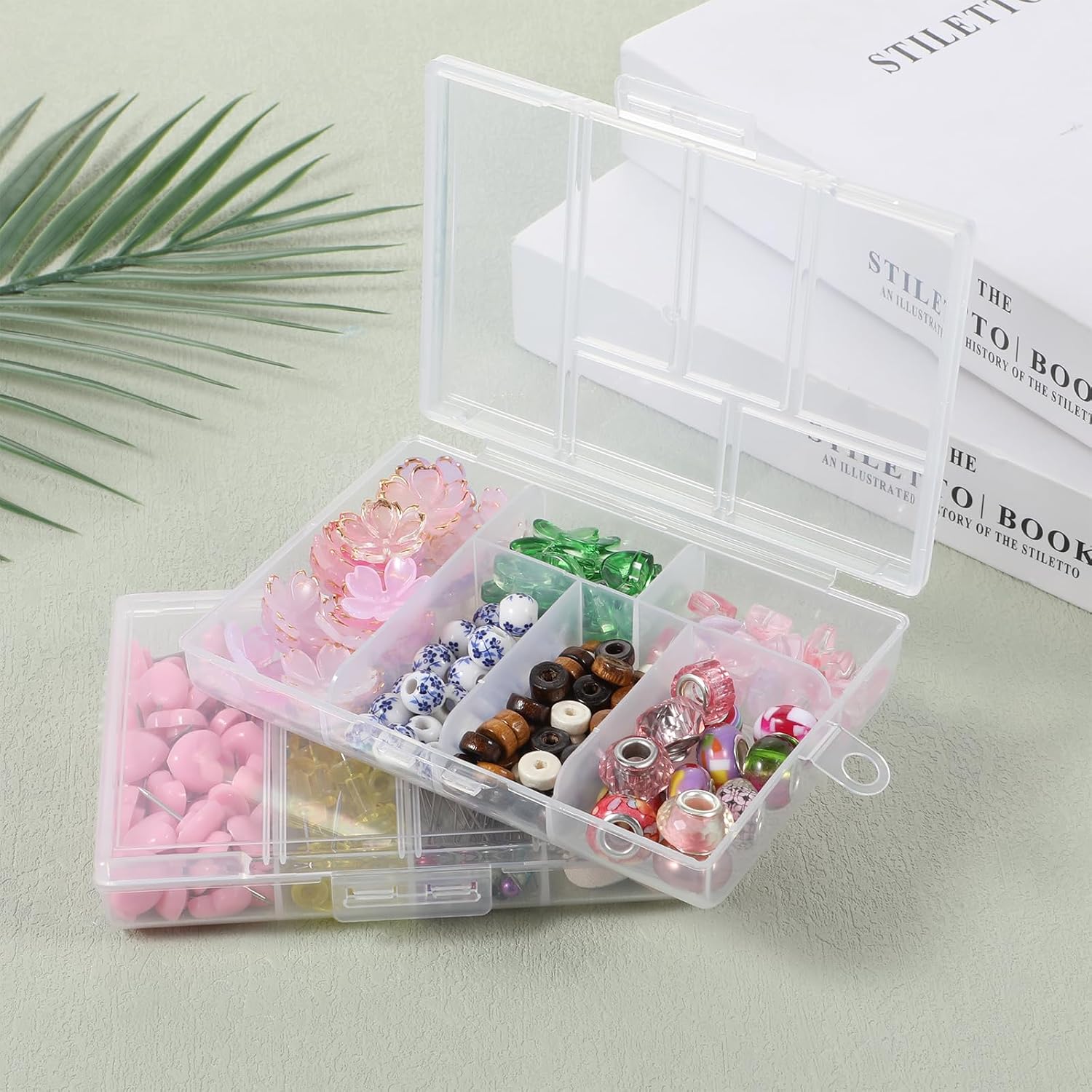 2Pcs Plastic Organizer Box with Dividers, 6 Grids Mini Organizer Clear Small Plastic Storage Box for Jewelry Rhinestones Beads Craft Small Parts