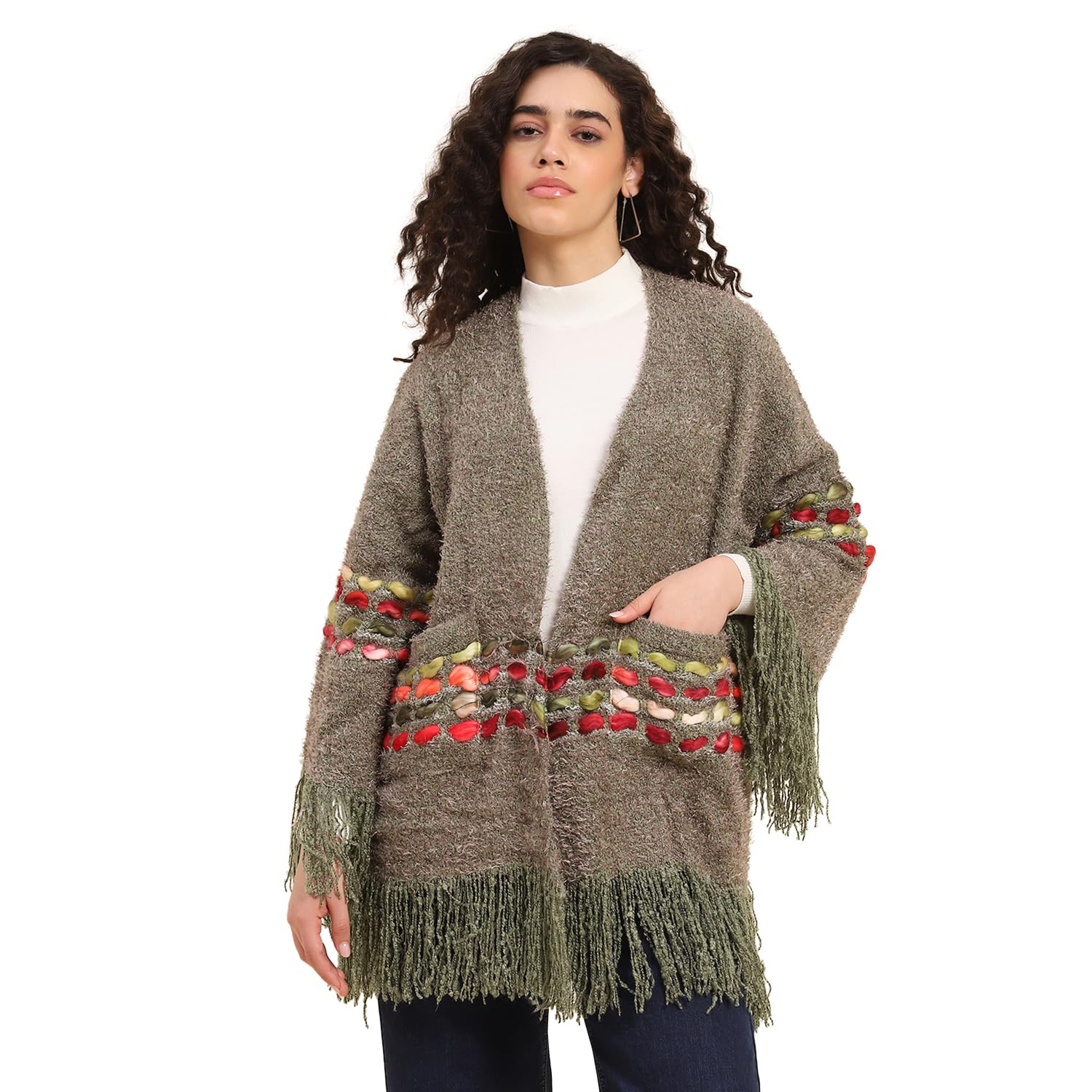 Women's Casual Poncho | Open Front Loose Drape Cardigan | Olive Green Knitted Sweater | Winter Cape for Women-image-2