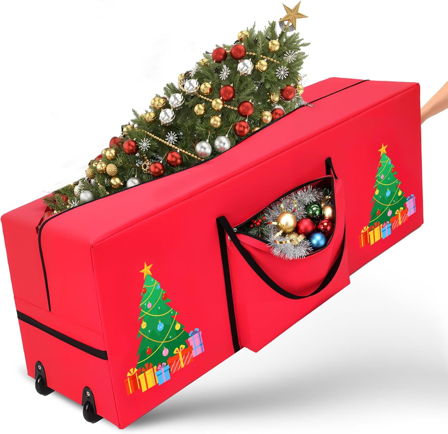 Sadnyy Rolling Christmas Tree Storage Bag 9 Ft, Xmas Artificial Storage Bags with 2 Swivel Wheels, 600d Oxford Fabric Box with Reinforced Handle for Disassembled Tree