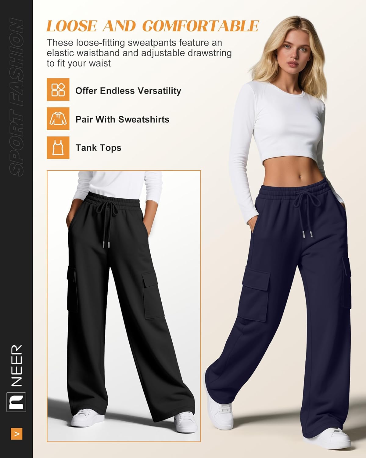 Neer 3 Pack Women's Cargo Sweatpants Wide Leg Baggy Loose Elastic Drawstring Pants Casual Athletic Joggers with 4 Pockets - Image 4