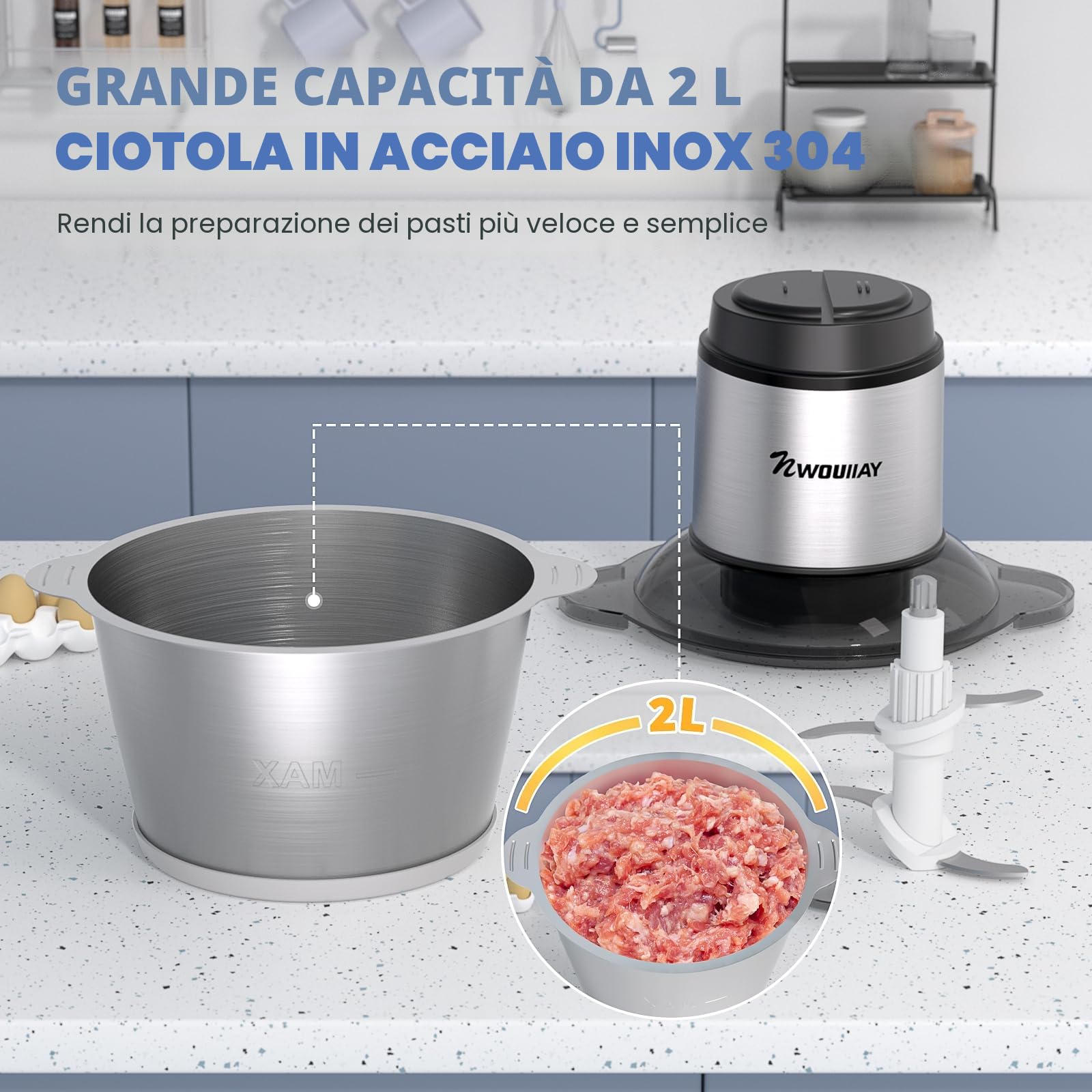 Tritatutto da Cucina Elettrico 300W, Frullatore Tritatutto Multifunzionale 2L e 2 Velocità, Tritatutto Elettrico con 4 Lame Ciotola in Acciaio, Robot da Cucina per Carne Verdura e Frutta