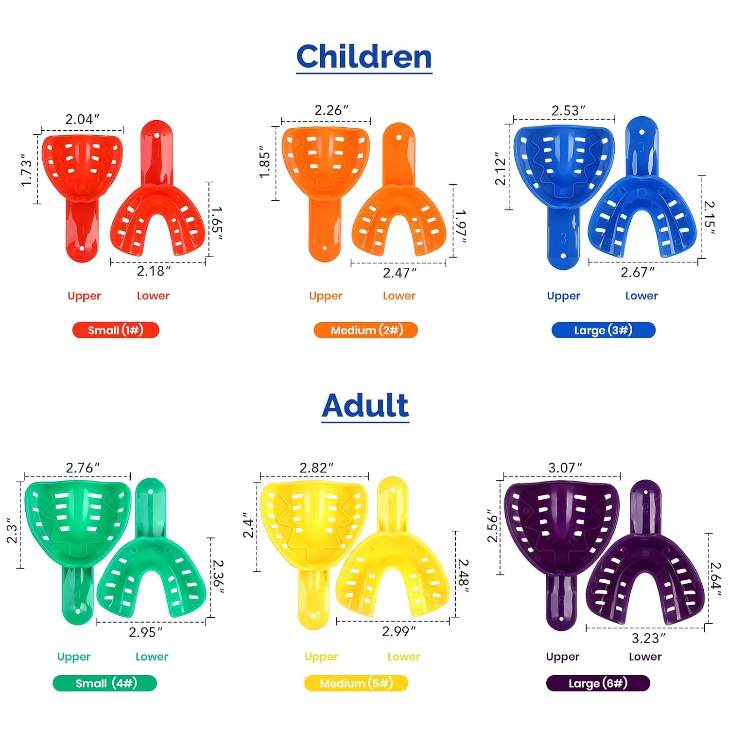 JMU 240PCS Dental Impression Trays, 6 Sizes Perforated Plastic Teeth Impression Tray, Disposable Teeth Holder for Adult and Child