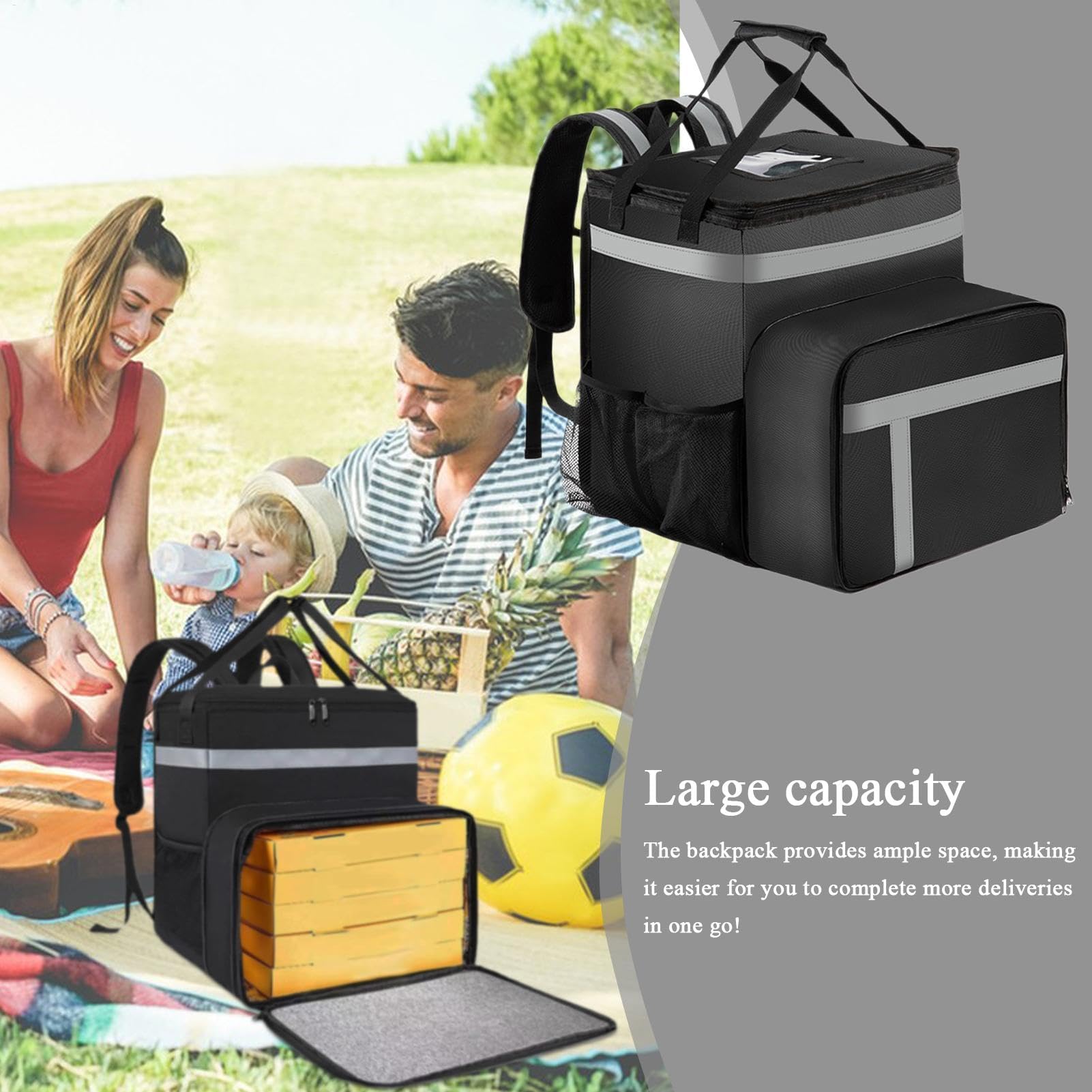 Zaino termico isolato, borsa termica di grande capacità per alimenti, borsa versatile per picnic e spiaggia, design confortevole per pizza e altro ancora