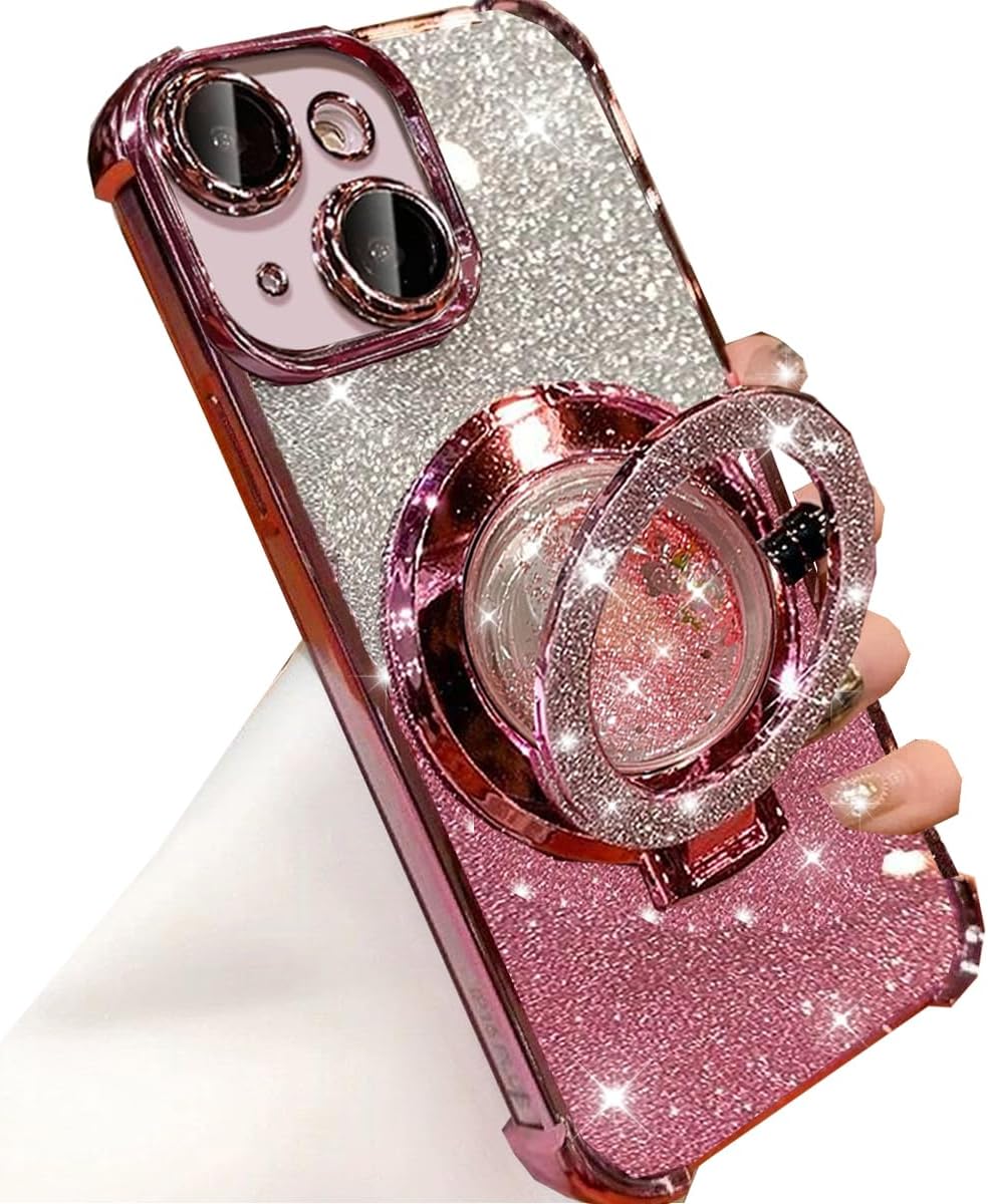 for iPhone 15 Plus Glitter Liquid Stand Case,Cute Luxury Bling Sparkle with Camera Lens Protector Flowing Ring Kickstand TPU Plating Bumper Shockproof Women Girls Case for iPhone 15 Plus,Pink
