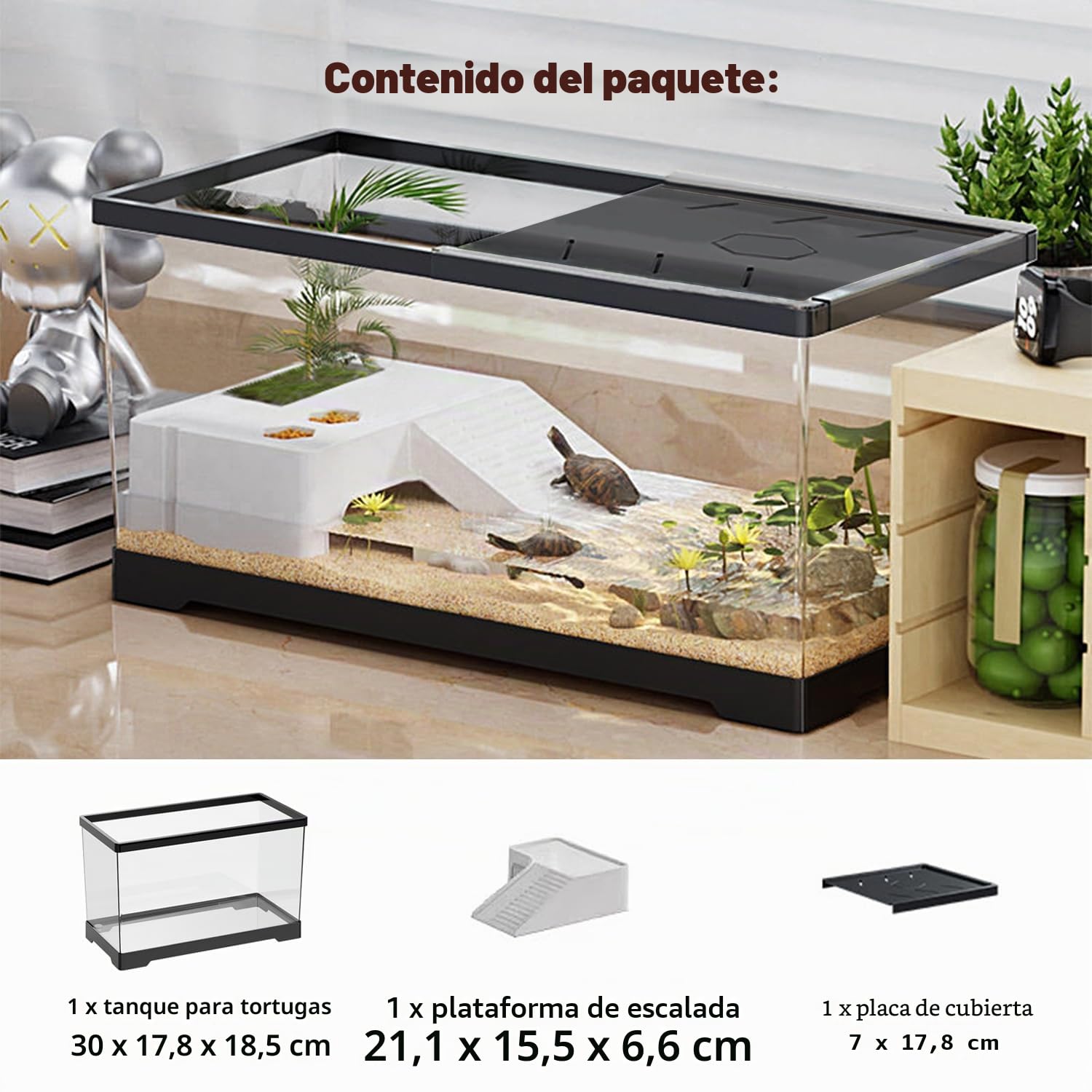 Pecera de Tortuga con Plataforma para Tomar el Sol y Drenaje Inferior, 30 x 18 x 18,5 cm Tanque de Tortugas acuáticas para Tortugas Juveniles, cangrejos de río, cangrejos, Anfibios（Negro）