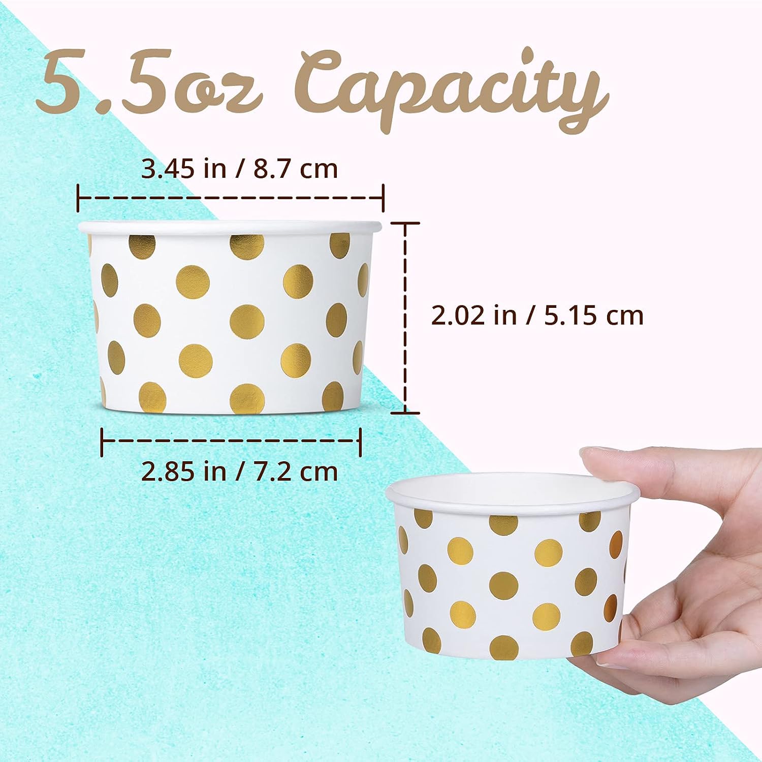 MATICAN Paper Ice Cream Cups - 50-Count 11-Oz Disposable Dessert Bowls for Hot or Cold Food, 11-Ounce Party Supplies Treat Cups for Sundae, Frozen Yogurt, Soup, Gold Foil Polka Dots