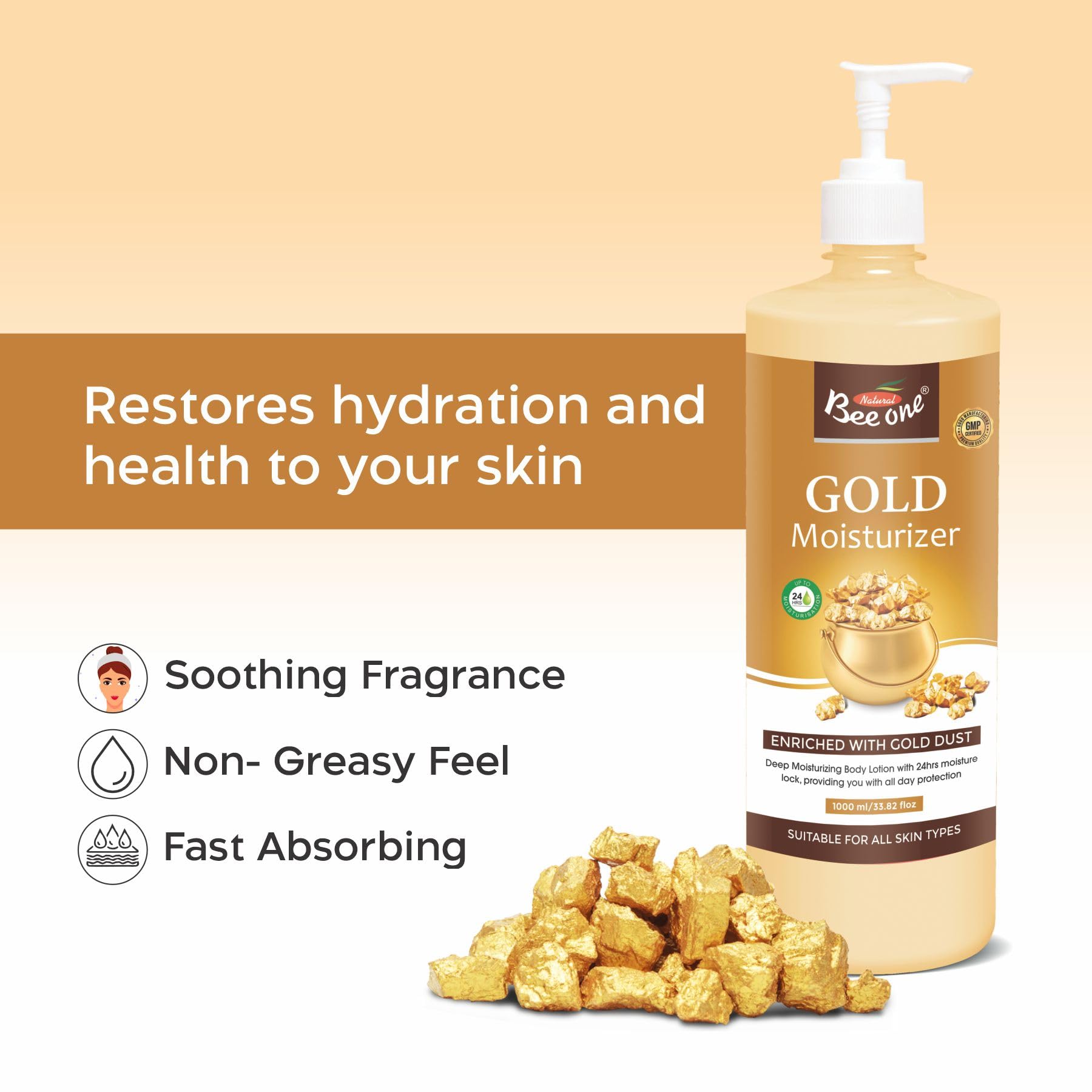 Bee One 24 hr Moisture Lock Body Lotion, for Soft and Supple Skin(Pack of 2) | 1000ml x 2= 2000ml (Gold) 2