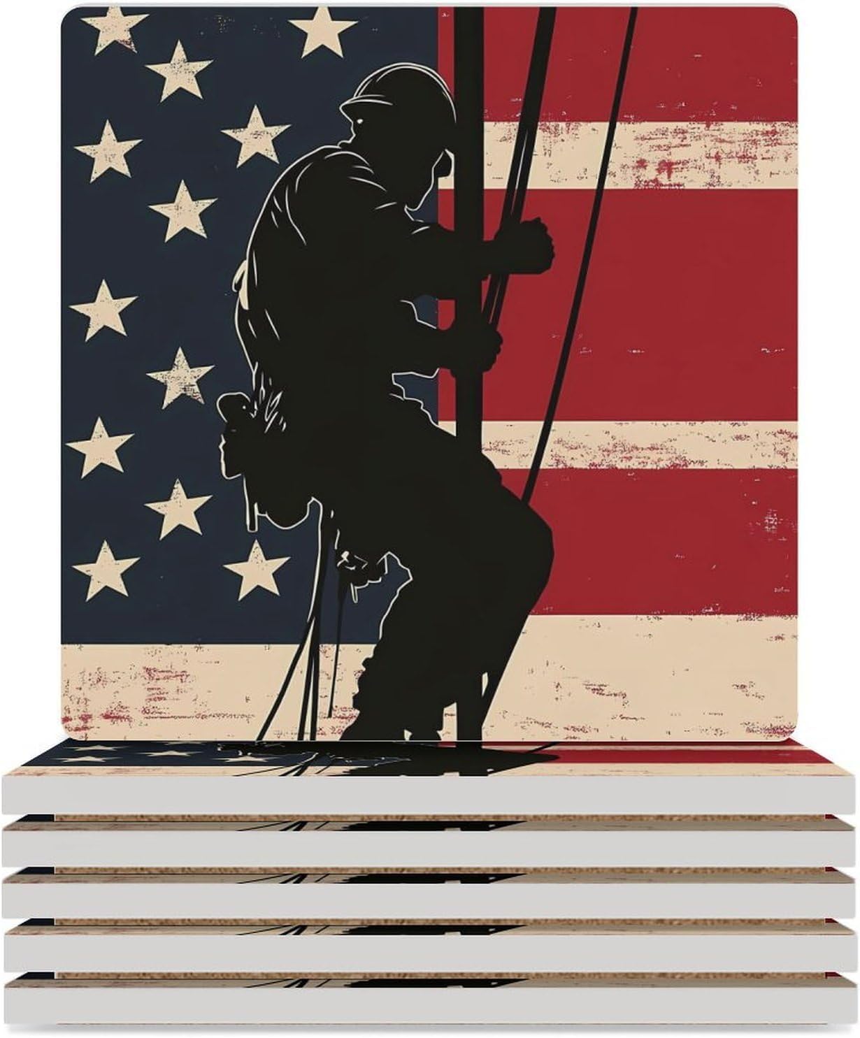 U.S. Flag Lineman Funny Ceramic Coasters for Drink Absorbent Cup Holders Tabletop Protection