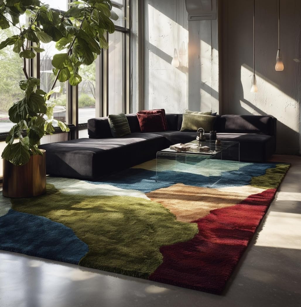 Abstract Multicolor Area Rug, Tufted, Blue Green Red Watercolor Patchwork Design, Living Room Accent (7' x 10' Feet)