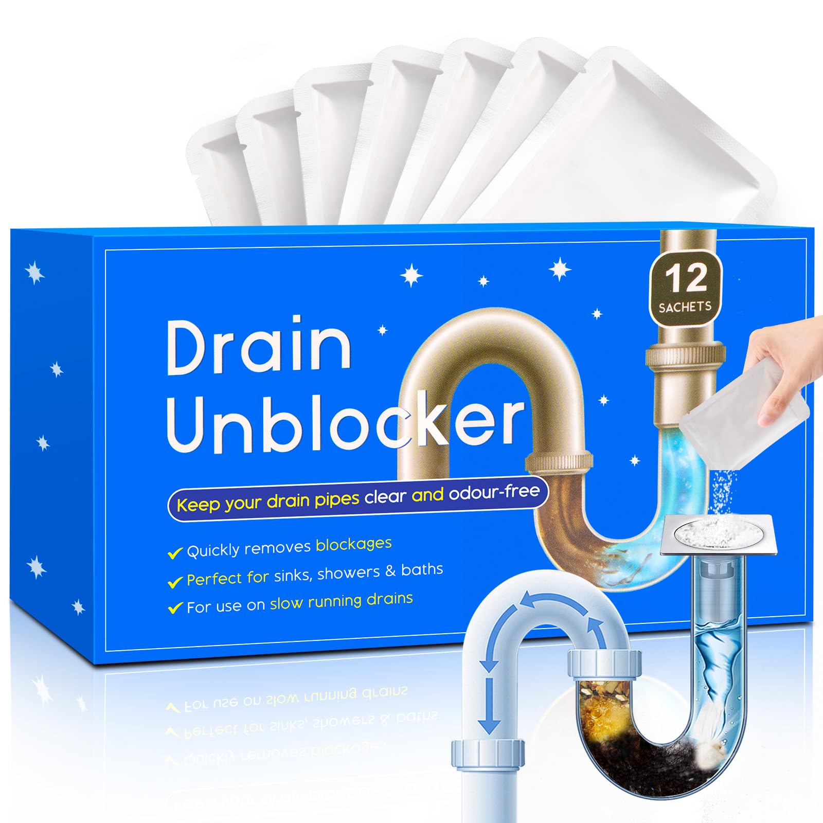 Drain Clog Remover 12 Pack - Fast Acting 30 Minutes, Safe for All Pipes & Septic Tanks - Powerful Liquid Cleaner for Shower, Sink, Bathtub, Toilet Clogs