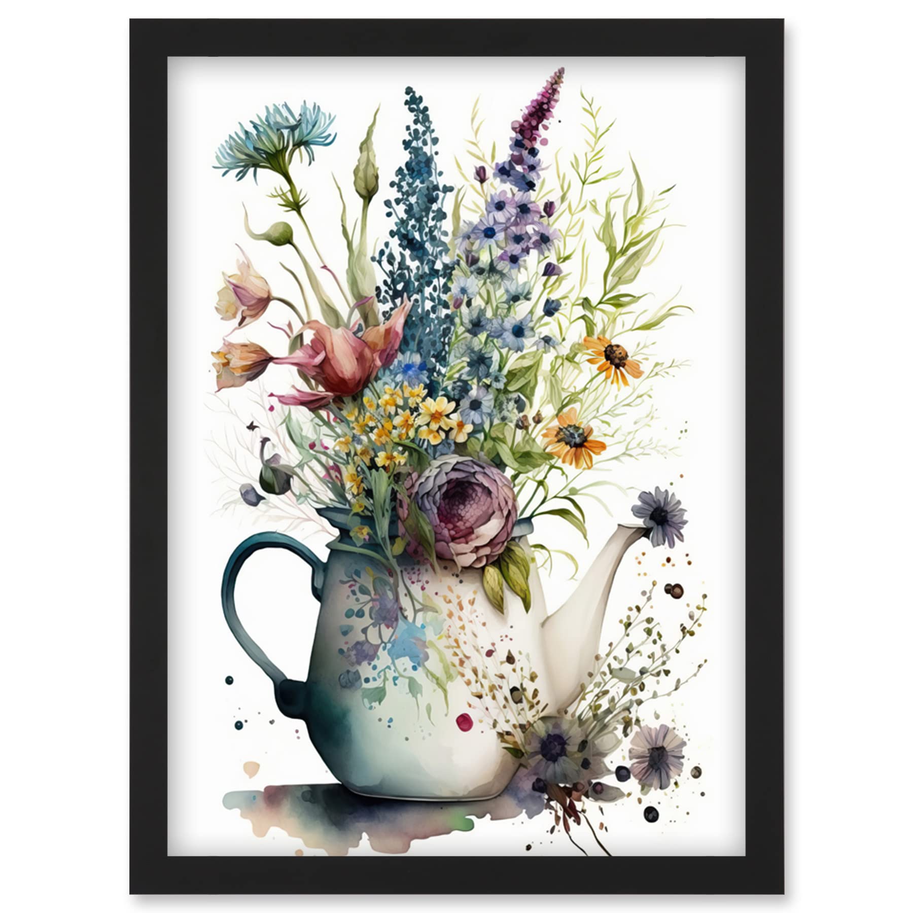 Artery8 Spring Wildflower Floral Bouquet in a Teapot Vase Artwork Framed Wall Art Print A4