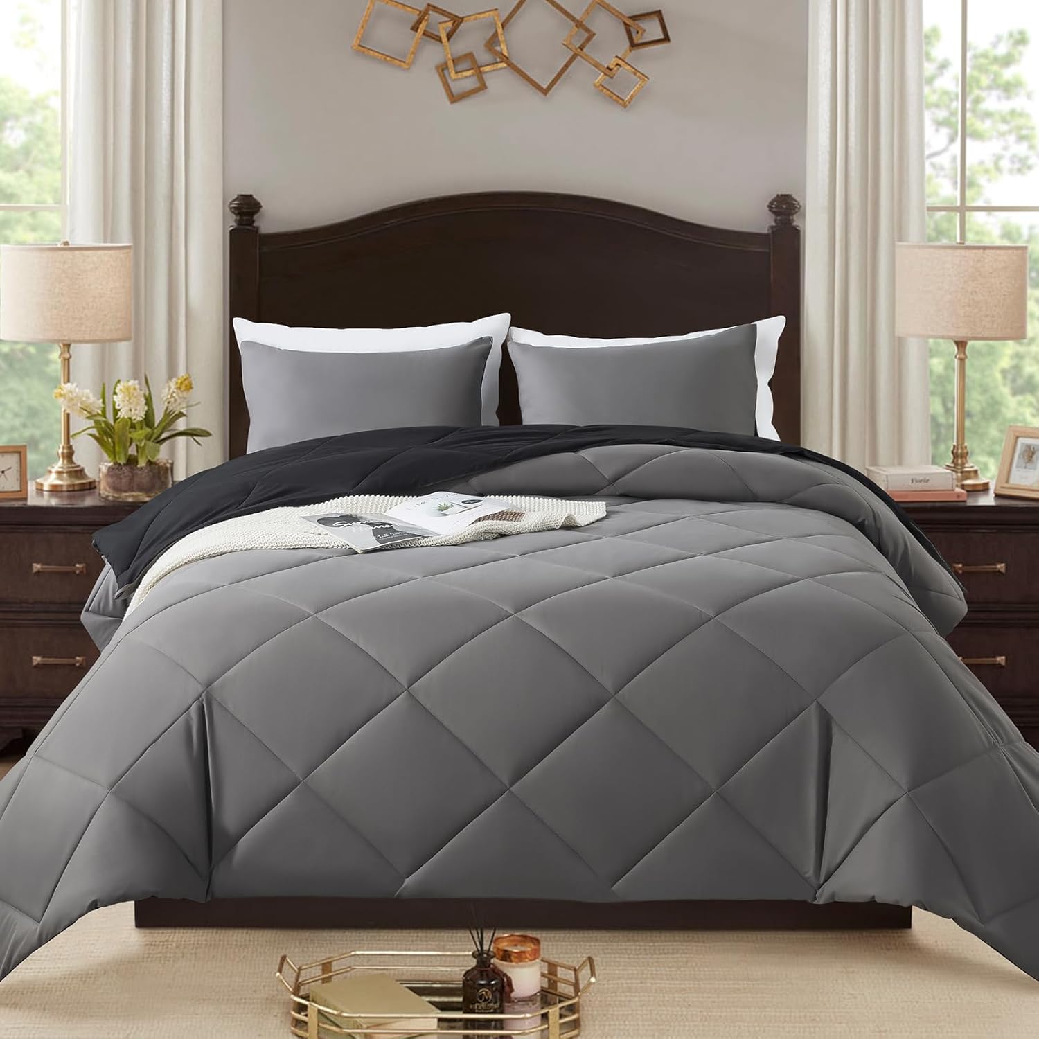 3-Piece King Comforter Set,All-Season,Soft & Hypoallergenic &Breathable Bedding,Polyester Quilted,Down Alternative(Comforter*1 & Pillowcases*2),Black/Dark Gray
