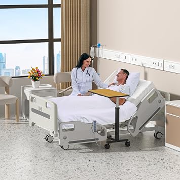 Premium Hospital Bed - 5 Function Full Electric Medical Beds, 4.7 Foam Mattress, 4 JIECANG Silent Motors, Individual Locking, 5 Casters, IV Pole, Includes (2X) Bed Sheet & Bedside Table