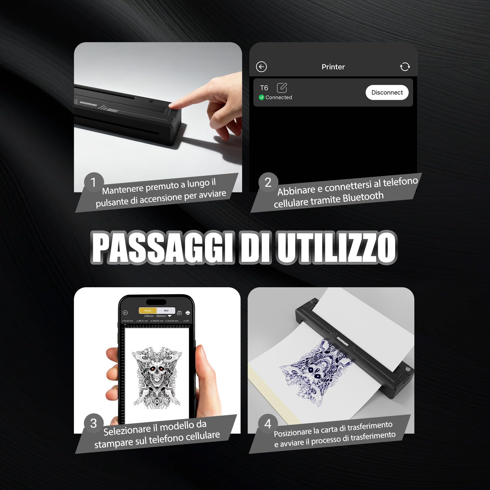 Dragonhawk A4 Stampante Termica Per Trasferelli Tatuaggi Senza Fili Portatile Compatibile Con Telefono Tablet PC Accessori Per Tatuatori Principianti e Professionisti