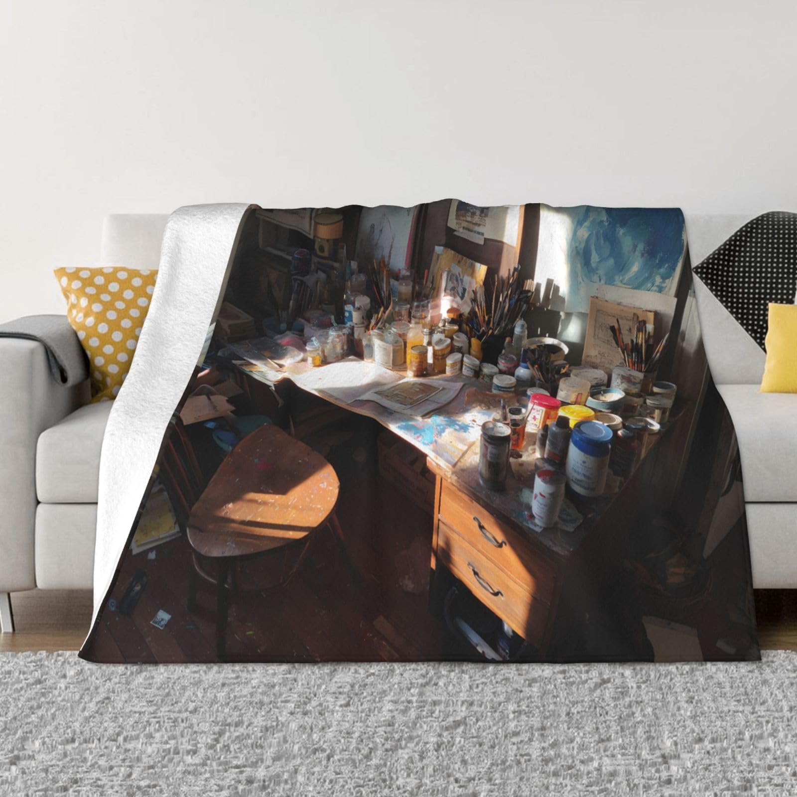 Manta de viaje portátil de 80 x 60 pulgadas, suave, resistente a las arrugas, plegable, exquisita impresión de mesa de dibujo desordenada