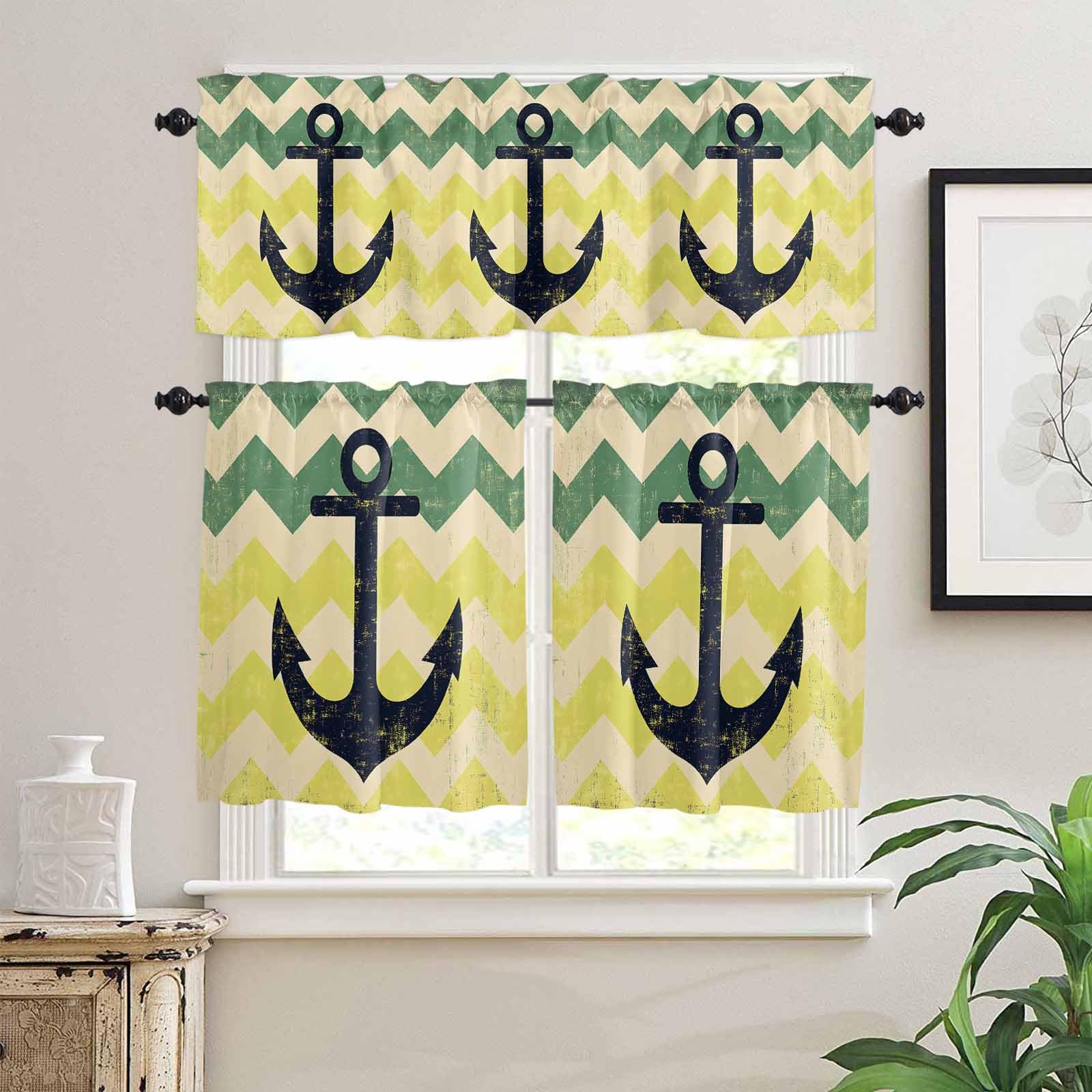 Anchor Nautical Kitchen Curtains 24 Inch Length, 3 Piece Rod Pocket Small Half Tiers and Valance Set, Vintage Green Yellow Wave Stripe Small Large Window Treatment Decor for Bedroom/Bathroom Sink