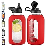 CIVAGO 64 oz Glass Water Bottle Jug with Straw and Handle, Half Gallon Sports Motivational Water Bottle with Time Marker, Wide Mouth Flask Canteen with Silicone Sleeve for Gym, Red
